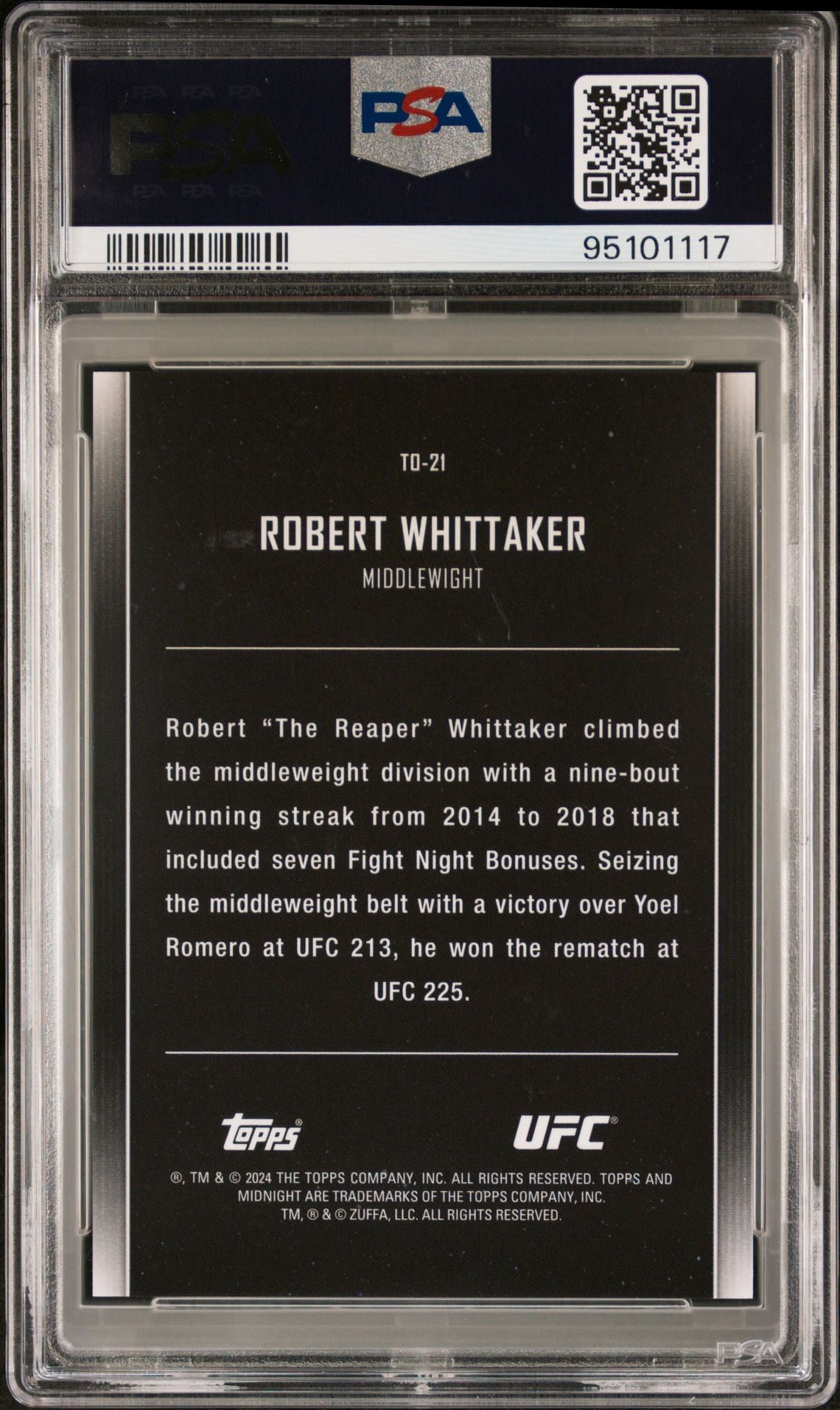 2024 Topps Midnight UFC Robert Whittaker One and Only Moonrise #/25 PSA 10