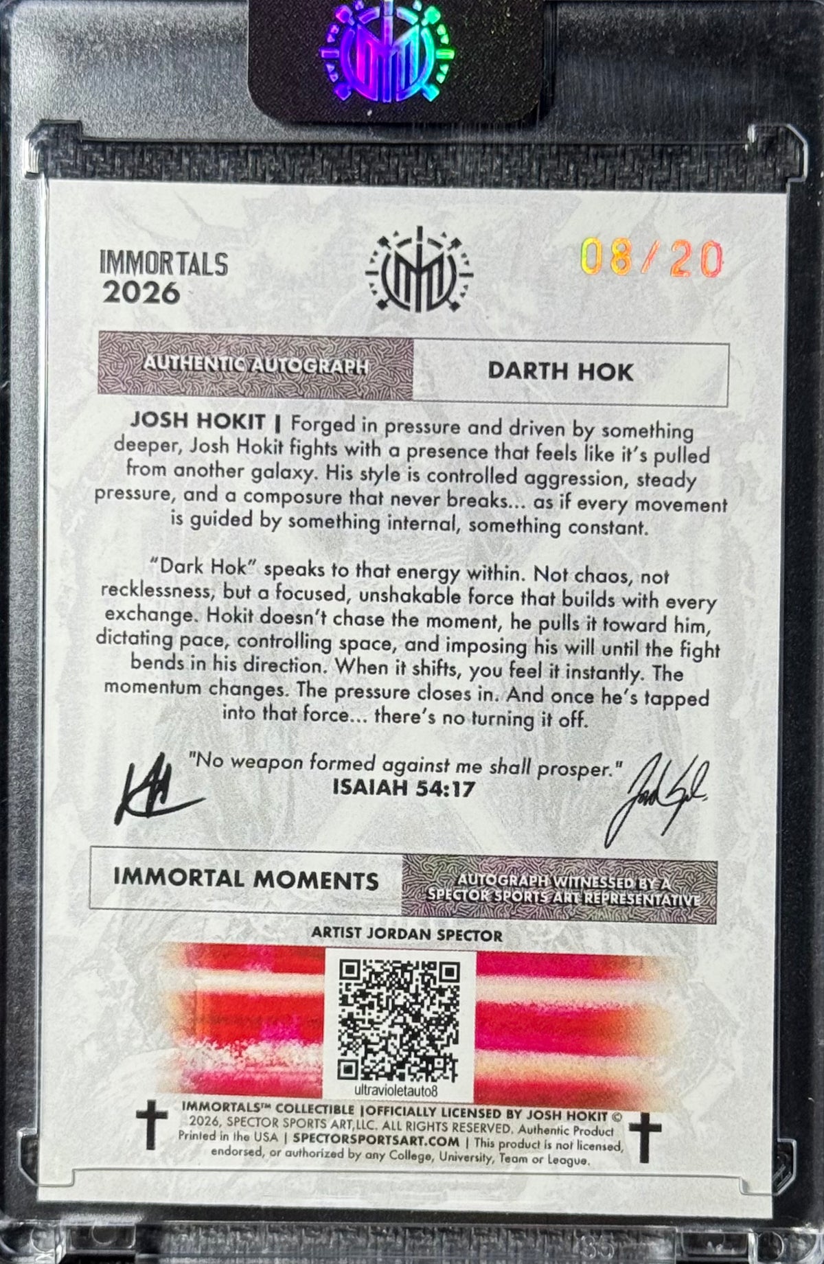 2026 Immortals Immortal Moments Josh Hokit Rookie Auto “Darth Hokit” Purple Double Saber #/20