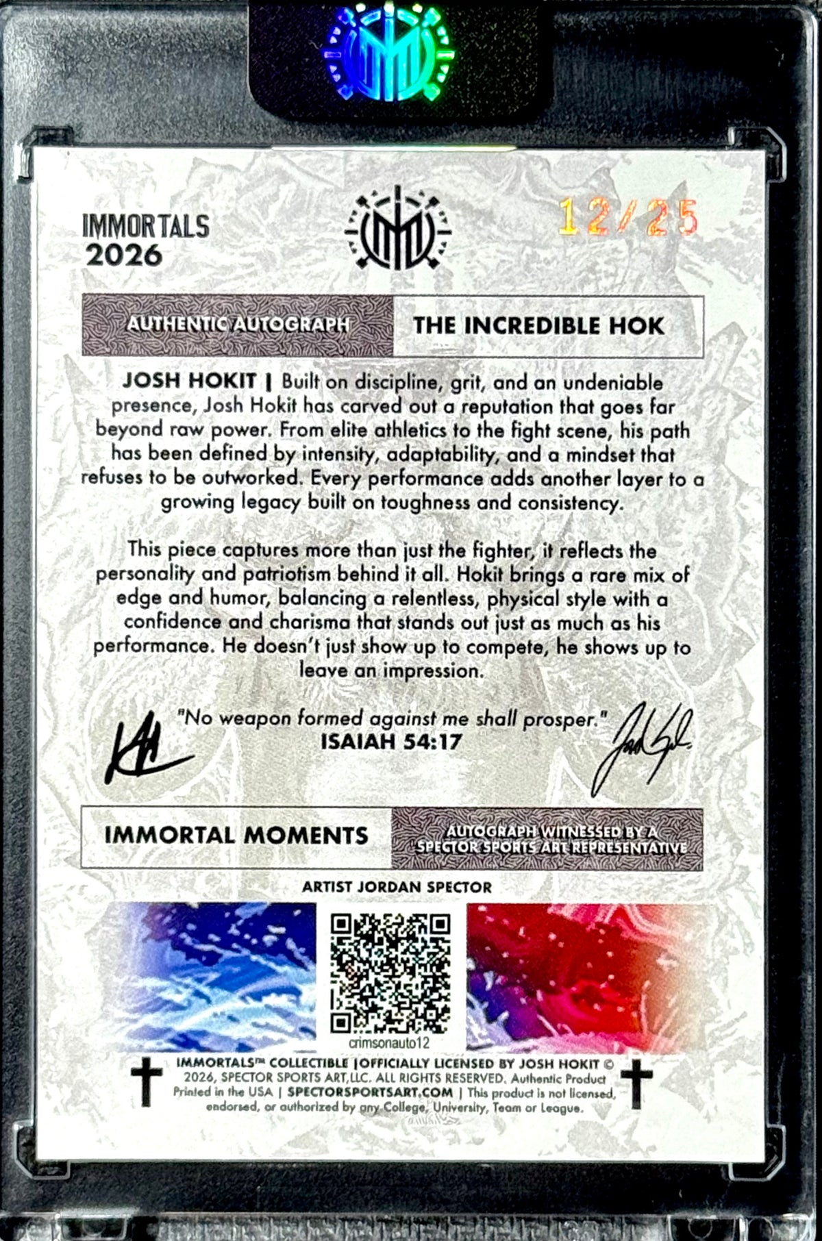 2026 Immortals Immortal Moments Josh Hokit Rookie Auto “Incredible Hok” Red #/25