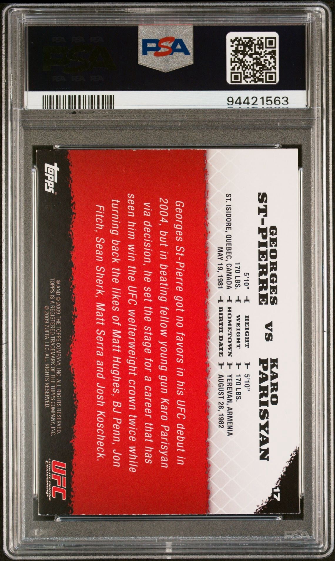 2009 Topps UFC Round 1 Georges St-Pierre Karo Parisyan #17 Rookie PSA 7