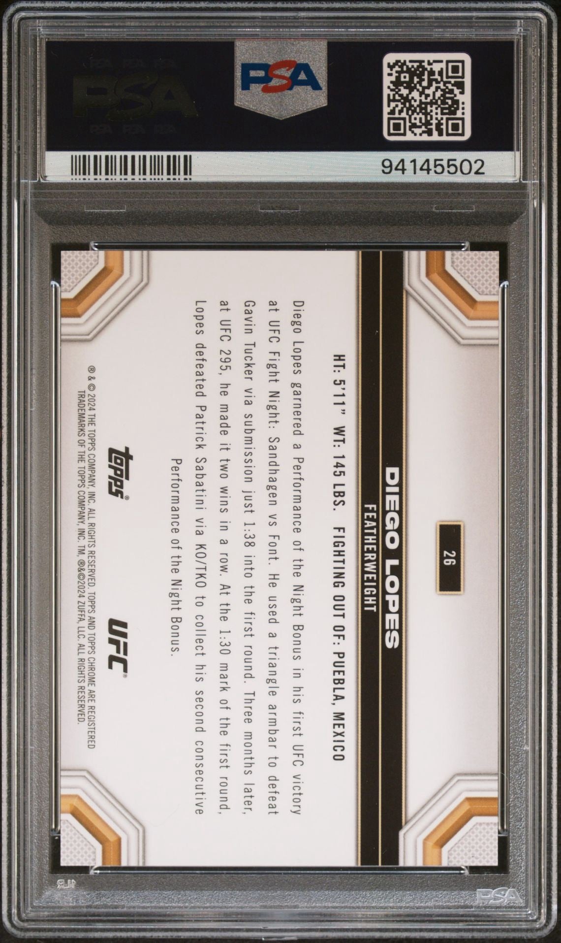 2024 Topps Chrome UFC Diego Lopes Gold #/50 PSA 9