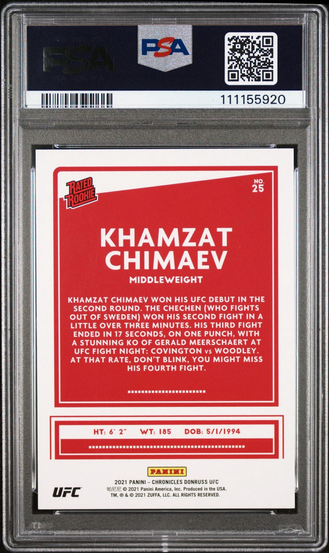 2021 Chronicles UFC Khamzat Chimaev Rated Rookie Asia Gold #/8 PSA 9