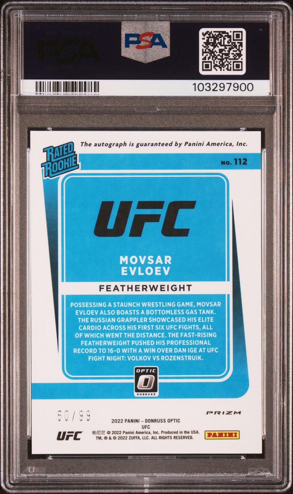 2022 Donruss Optic UFC Movsar Evloev Red Rated Rookie Auto #/99 PSA 9