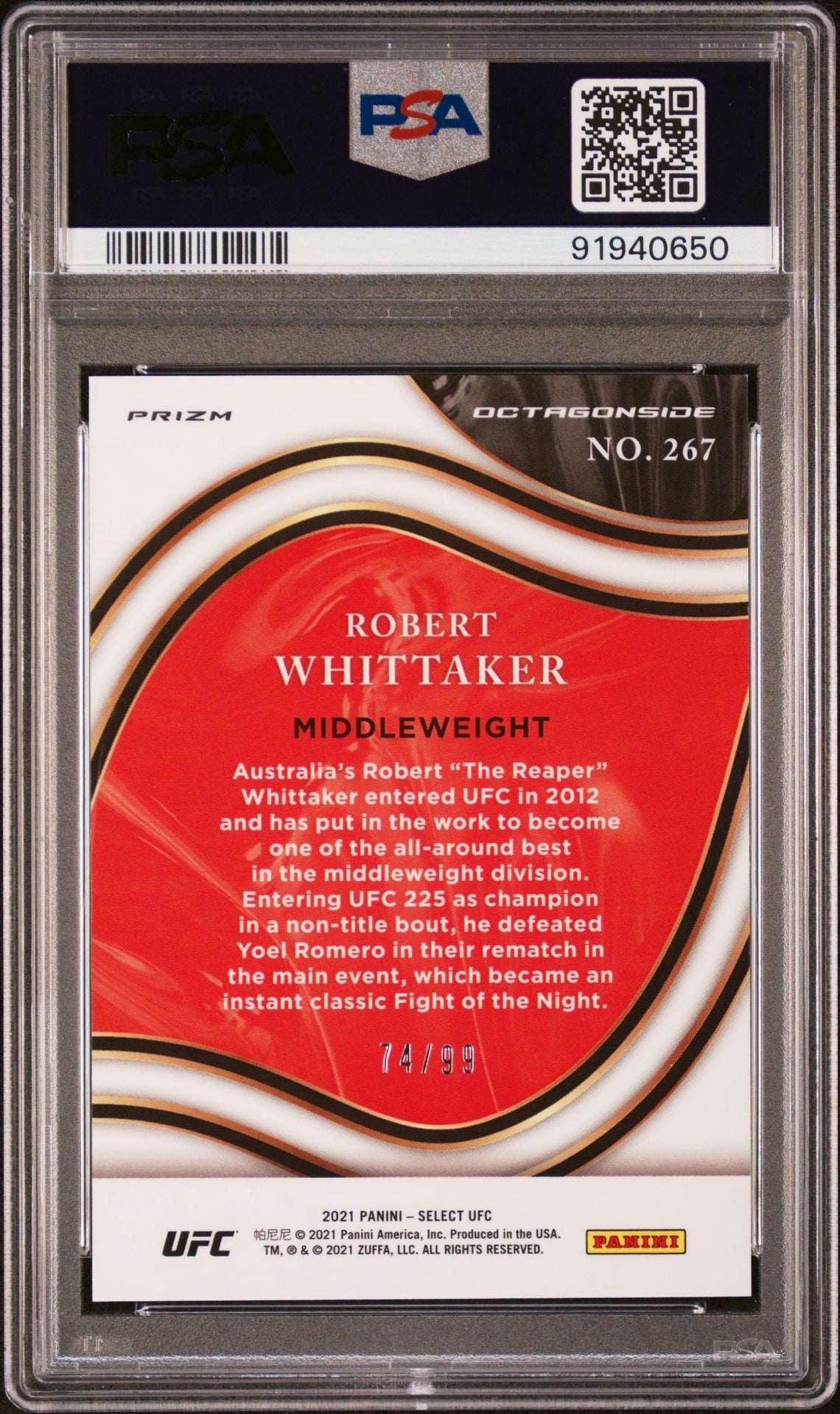 2021 Select UFC Robert Whittaker Octagonside Blue Disco #/99 PSA 10