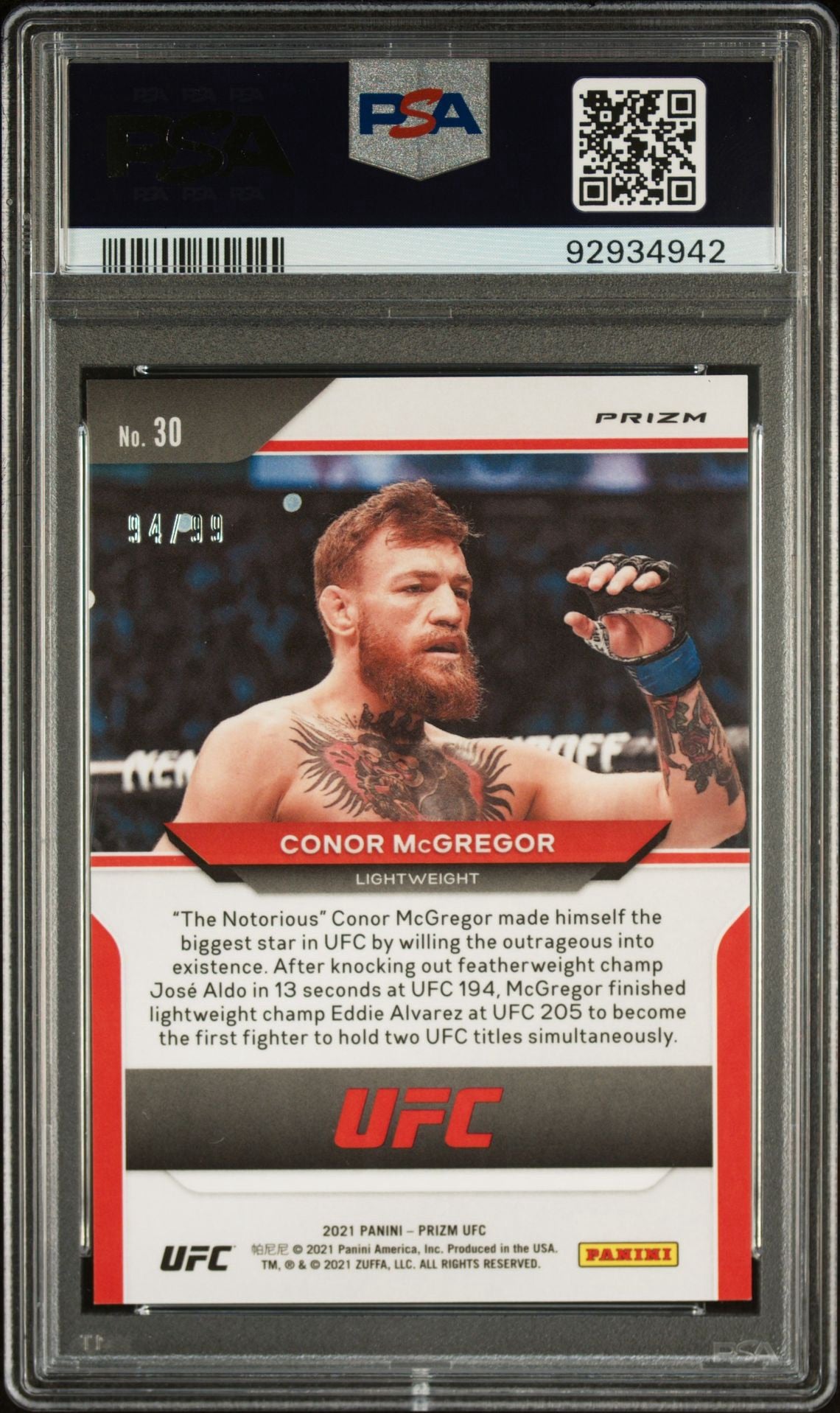2021 Prizm UFC Conor McGregor #30 Premium Box Set #/99 PSA 10