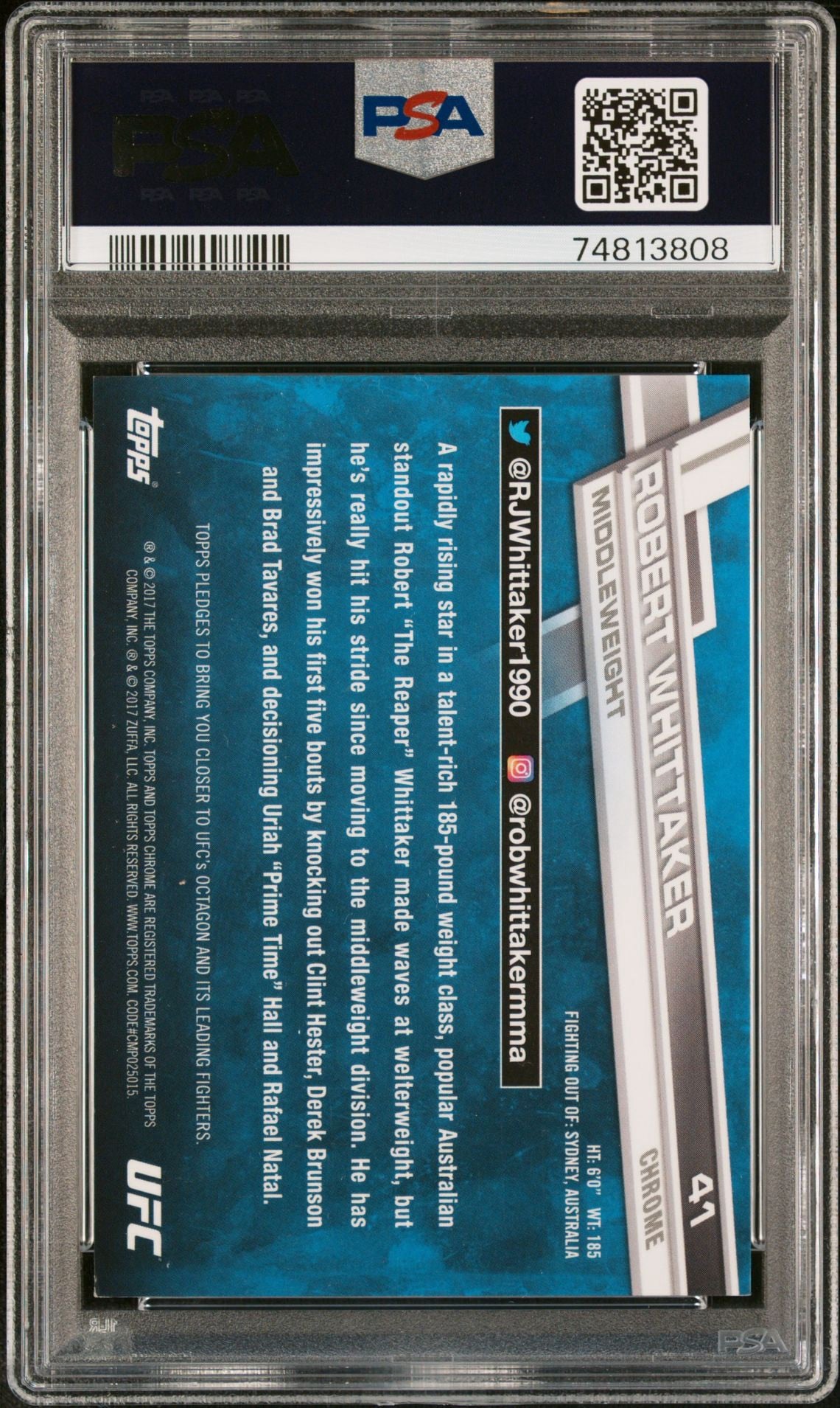 2017 Topps Chrome UFC Robert Whittaker Diamond Refractor PSA 9