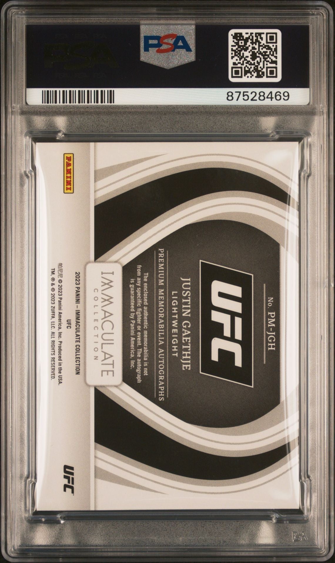 2023 Immaculate UFC Justin Gaethje Premium Memorabilia Autograph Green #/3 PSA 7