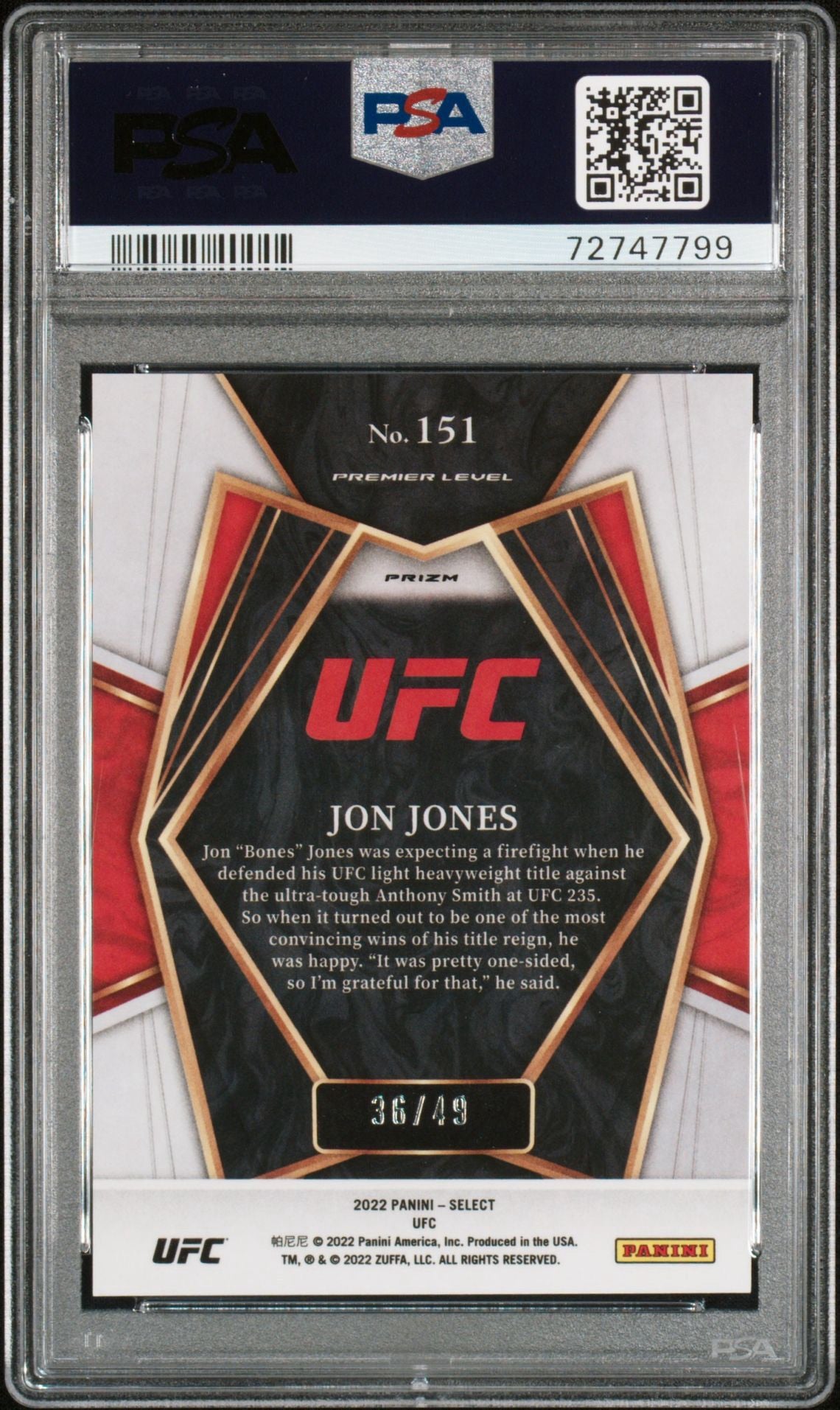 2022 Panini Select UFC Jon Jones Premier Level Blue Disco Prizm #/49 PSA 10