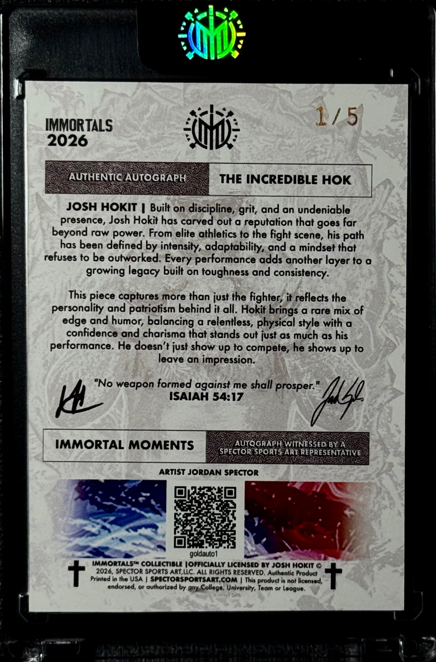 2026 Immortals Immortal Moments Josh Hokit Rookie Auto “Incredible Hok” Gold #/5