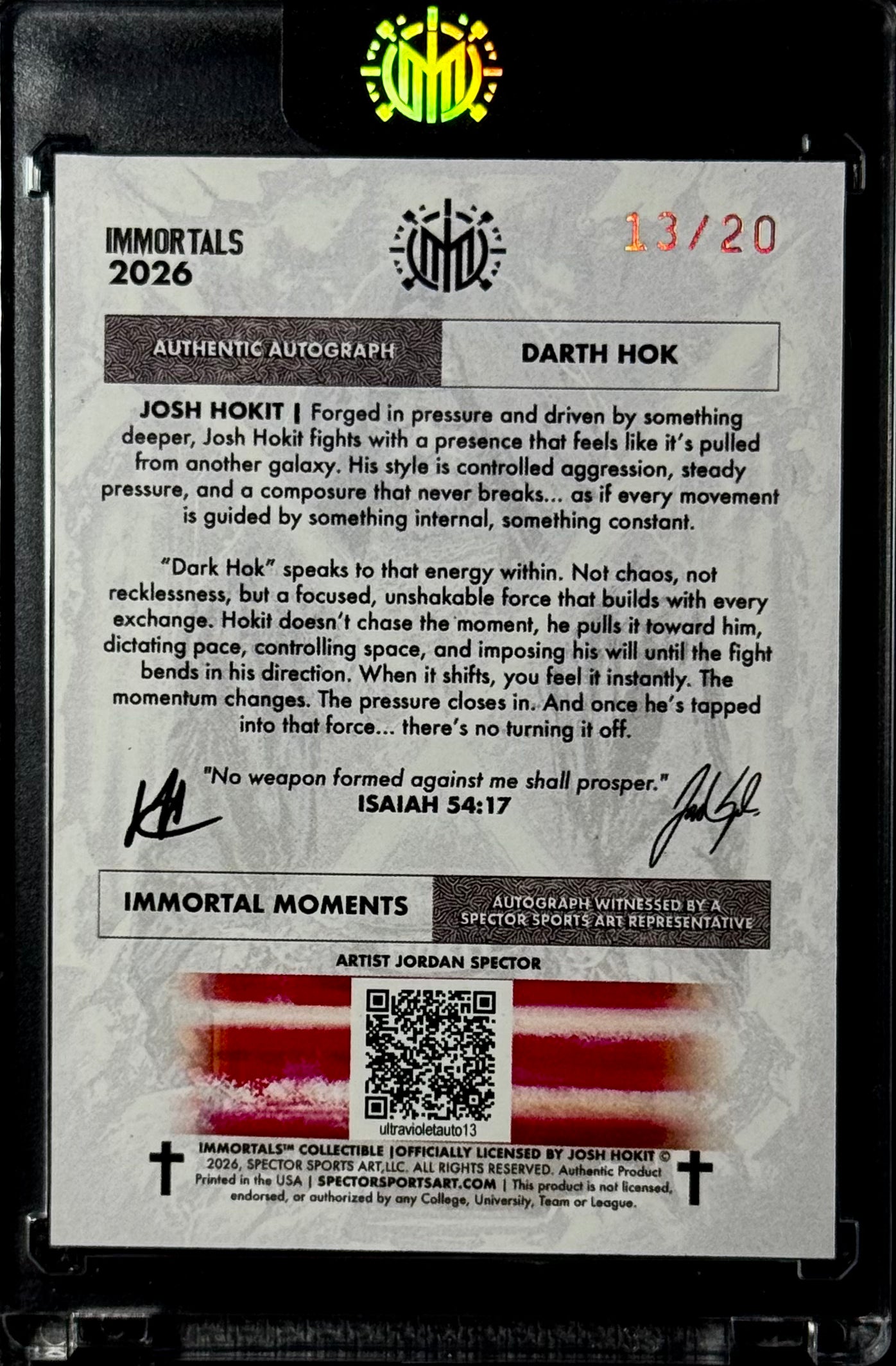 2026 Immortals Immortal Moments Josh Hokit Rookie Auto “Darth Hokit” Purple Saber #/20