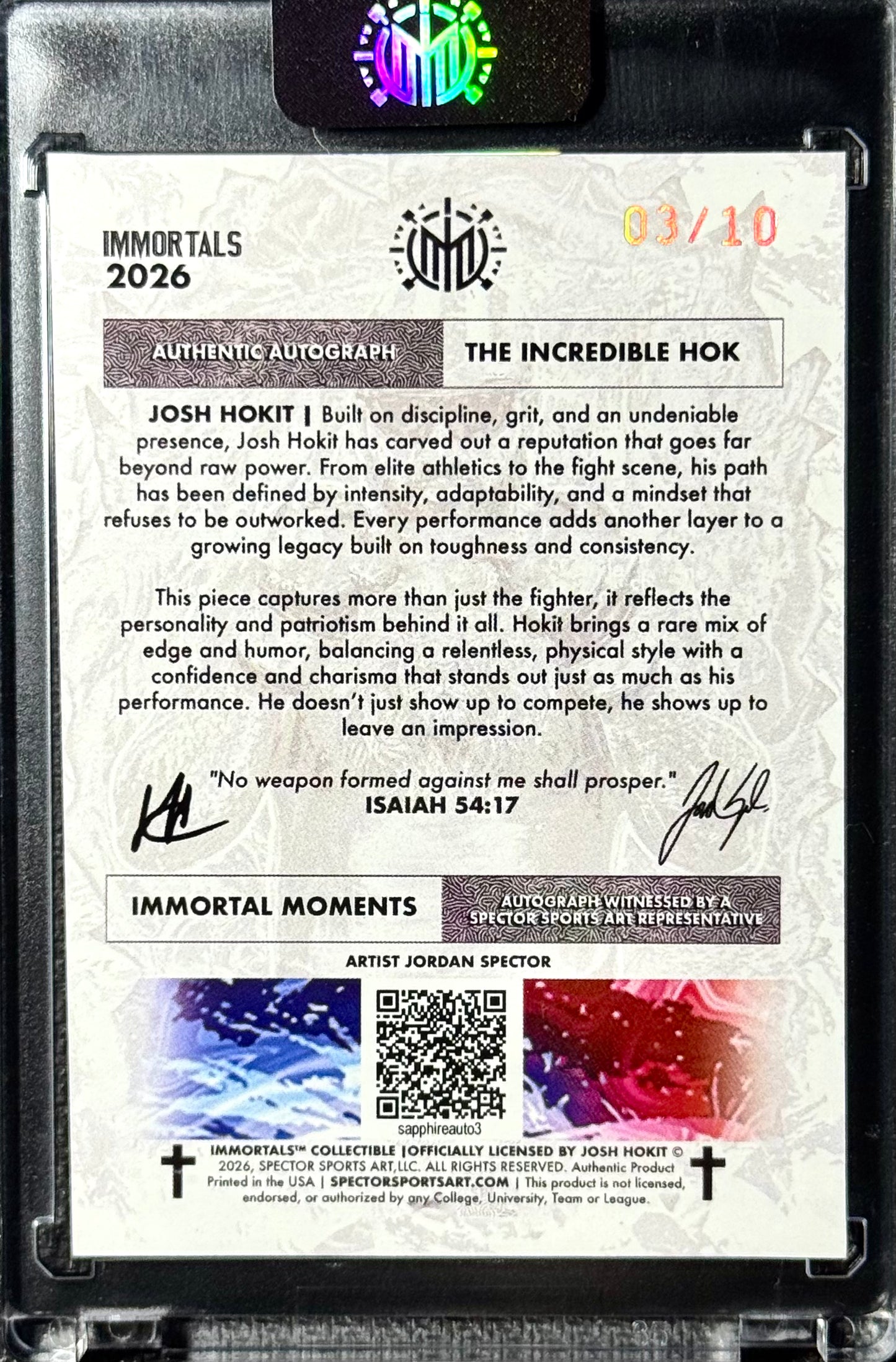 2026 Immortals Immortal Moments Josh Hokit Rookie Auto “Incredible Hok” Blue #/10