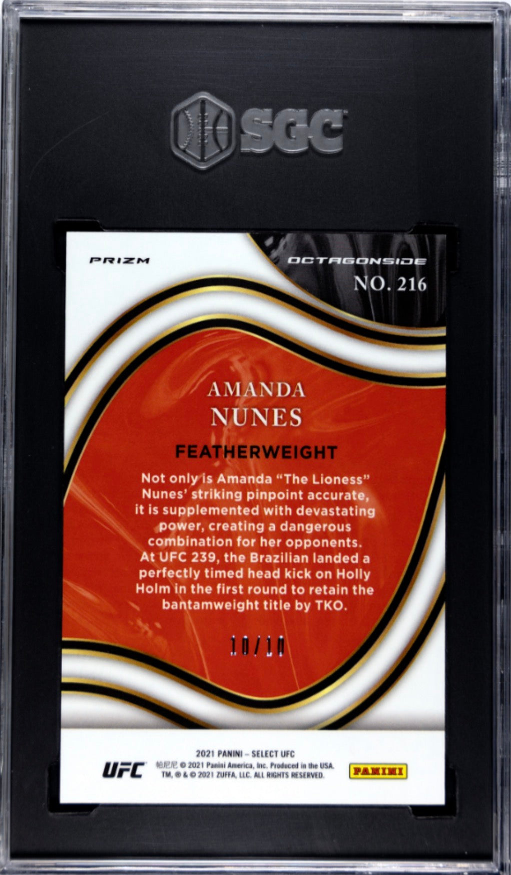 2021 Select UFC Amanda Nunes Gold Octagonside #/10 SGC 9.5