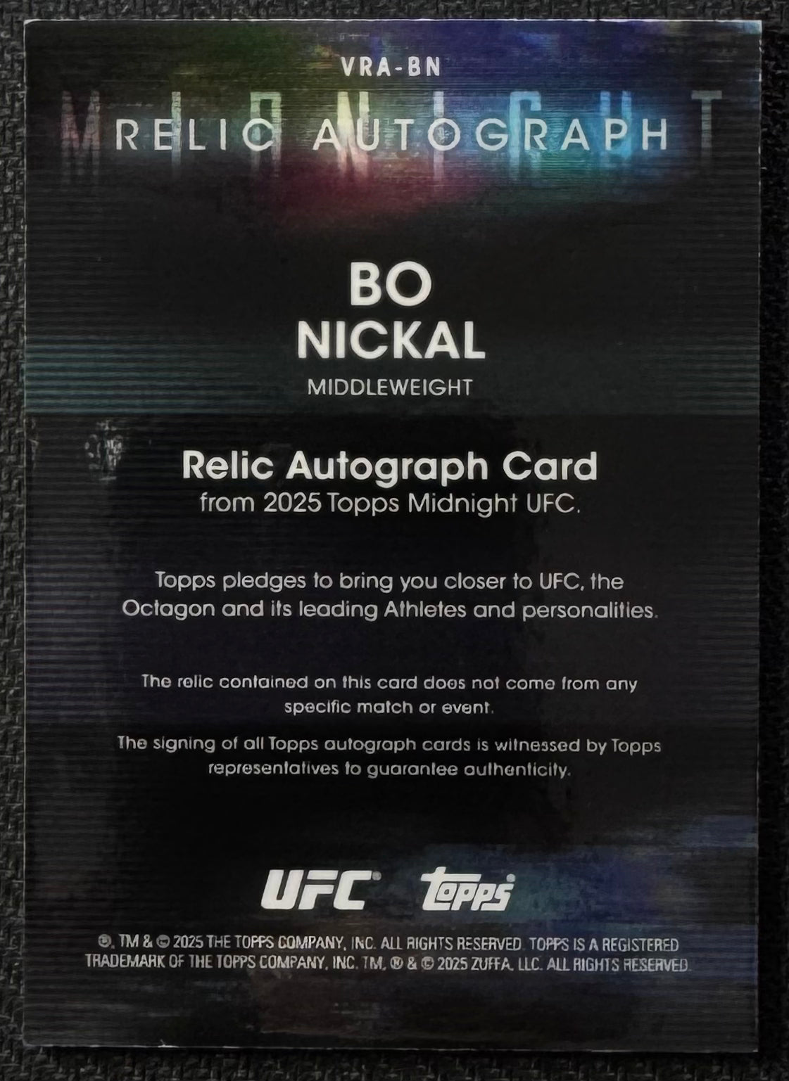 2025 Topps Midnight UFC Bo Nickal Relic Auto Black Light 1/1