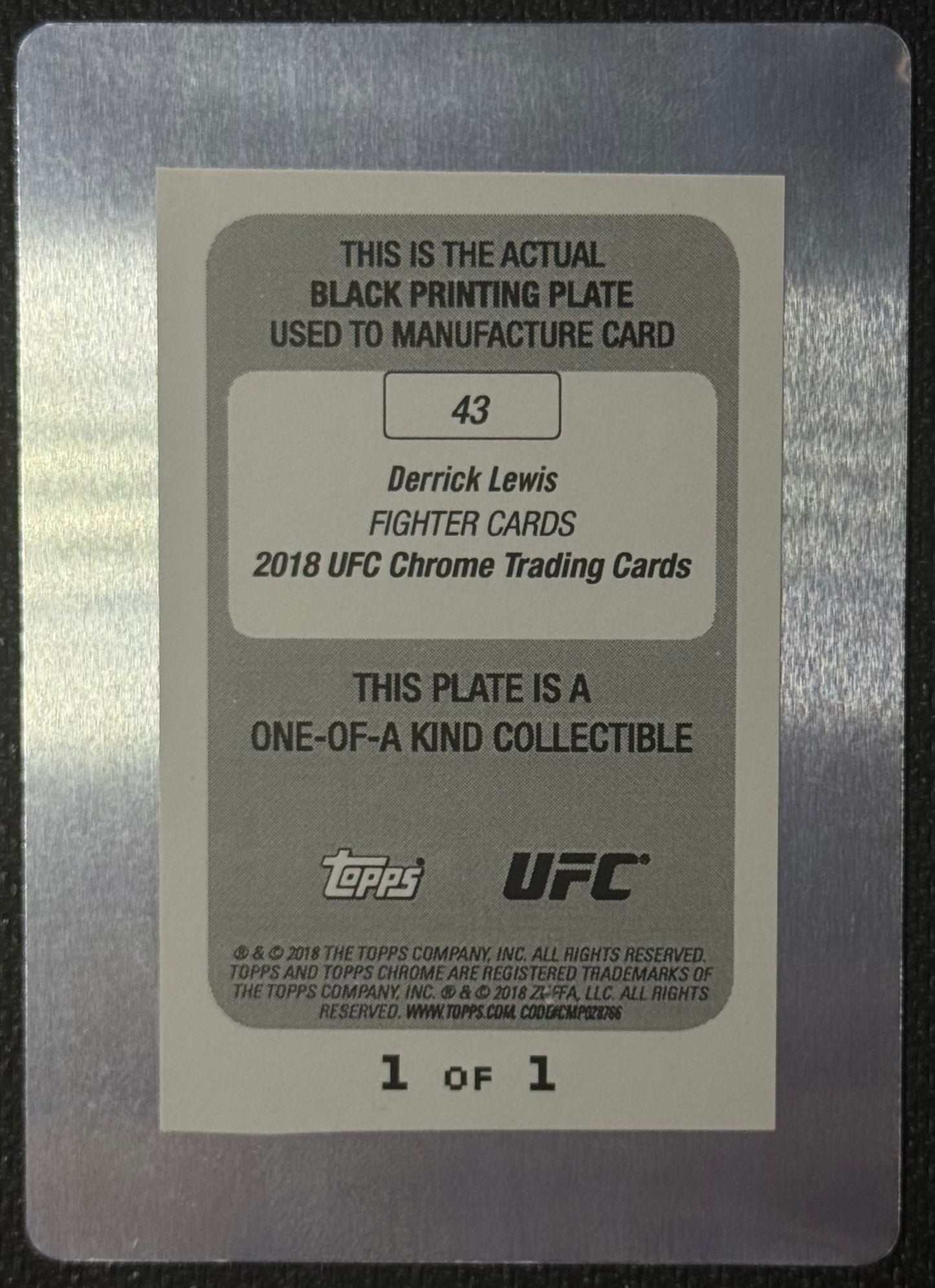 2018 Topps Chrome UFC Derrick Lewis #43 Black Printing Plate 1/1
