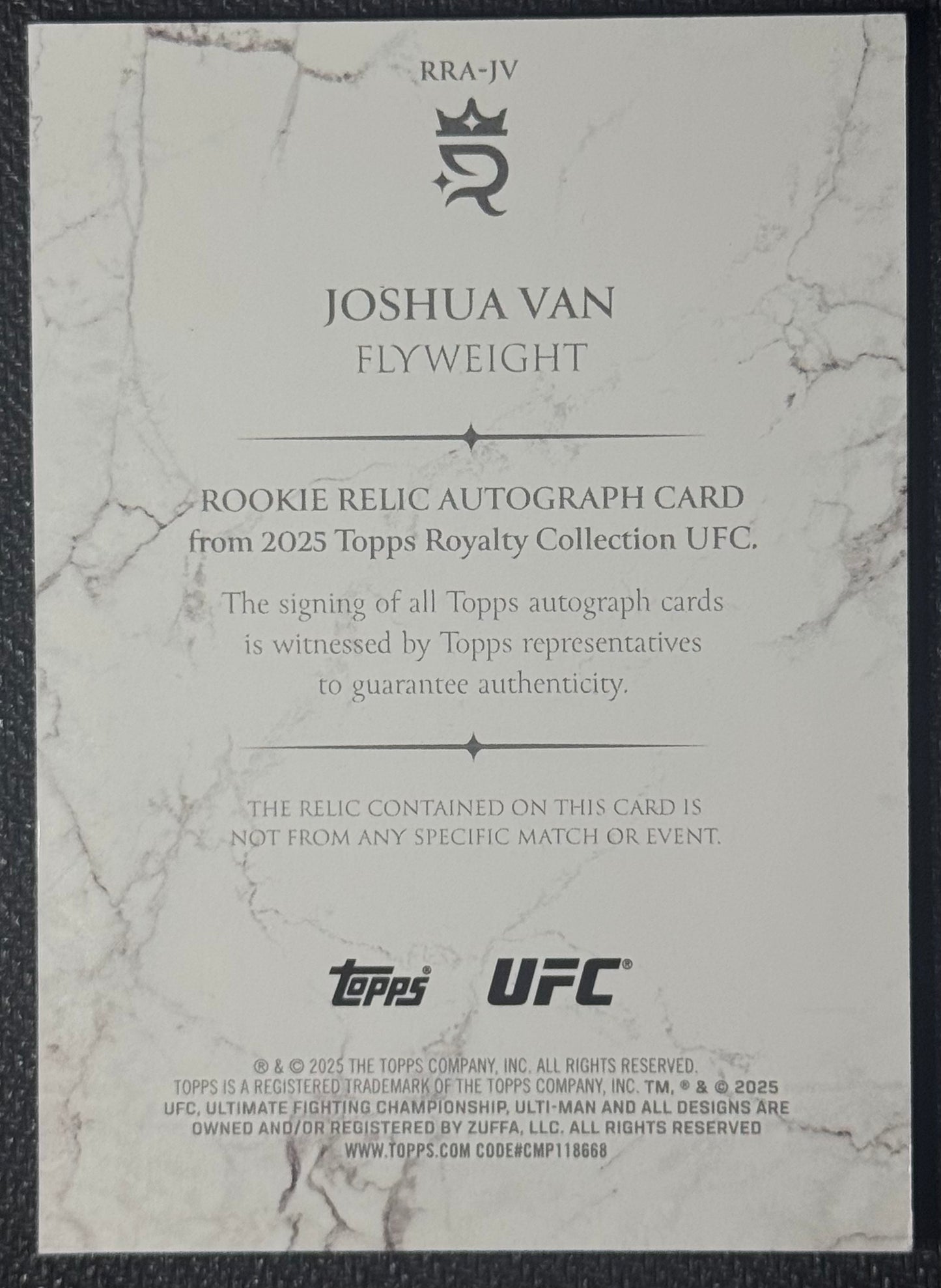 2025 Topps UFC Royalty Joshua Van Rookie Patch Auto Gold #/10