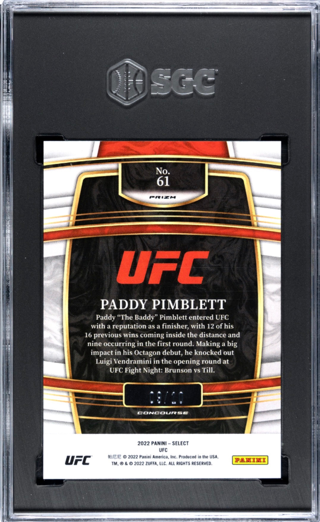 2022 Select UFC Paddy Pimblett Gold Disco Rookie #/10 SGC 9.5