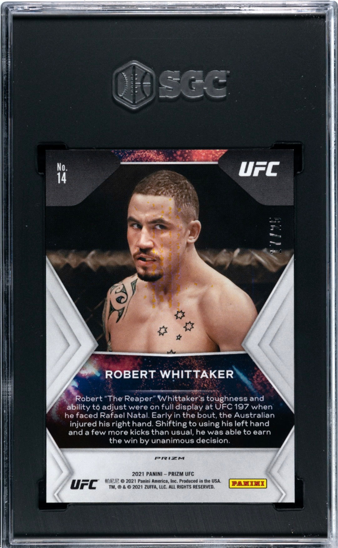 2021 Prizm UFC Robert Whittaker Fireworks Mojo #/25 SGC 10