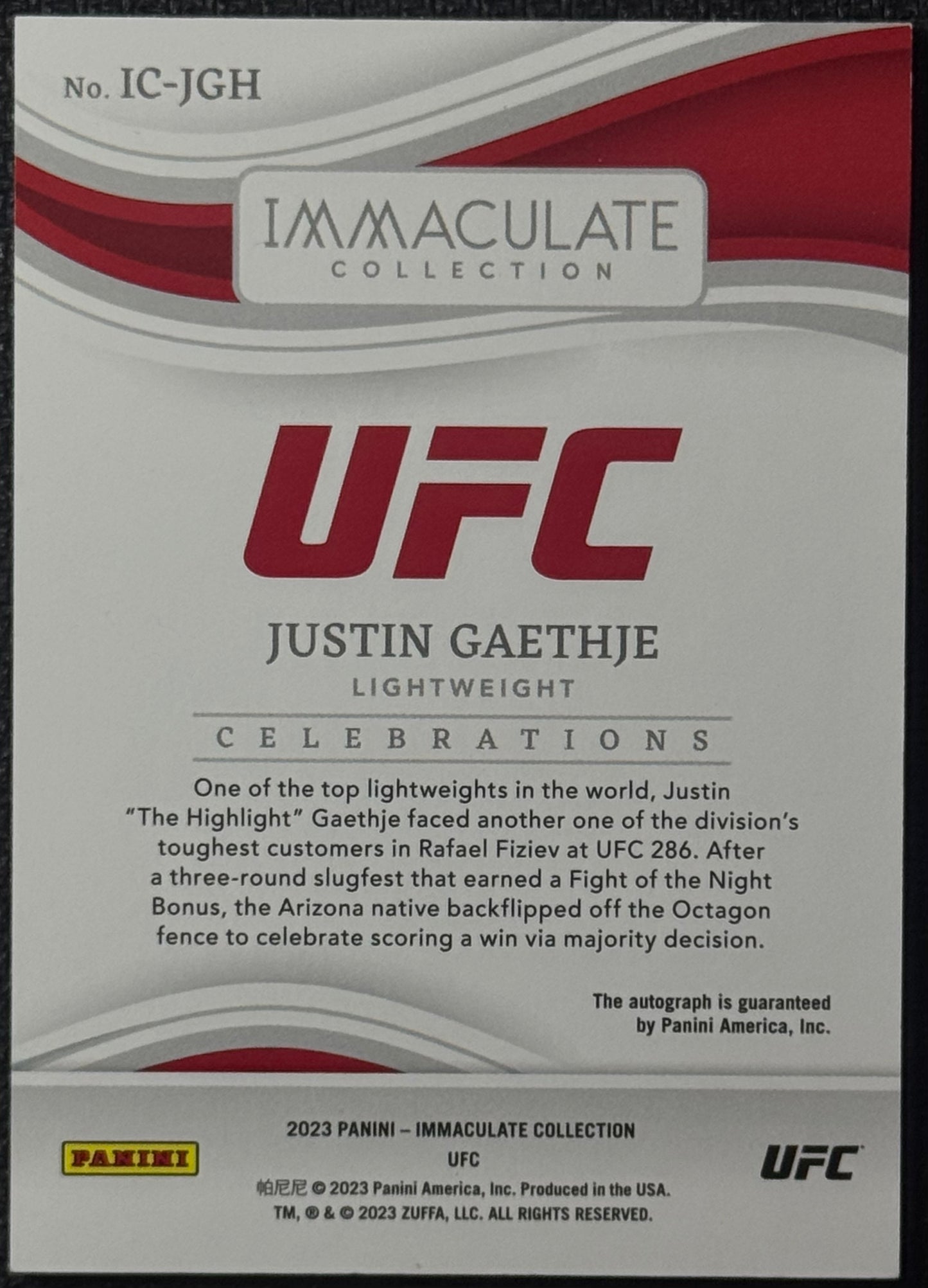 2023 Immaculate UFC Justin Gaethje Celebrations Autograph #/99