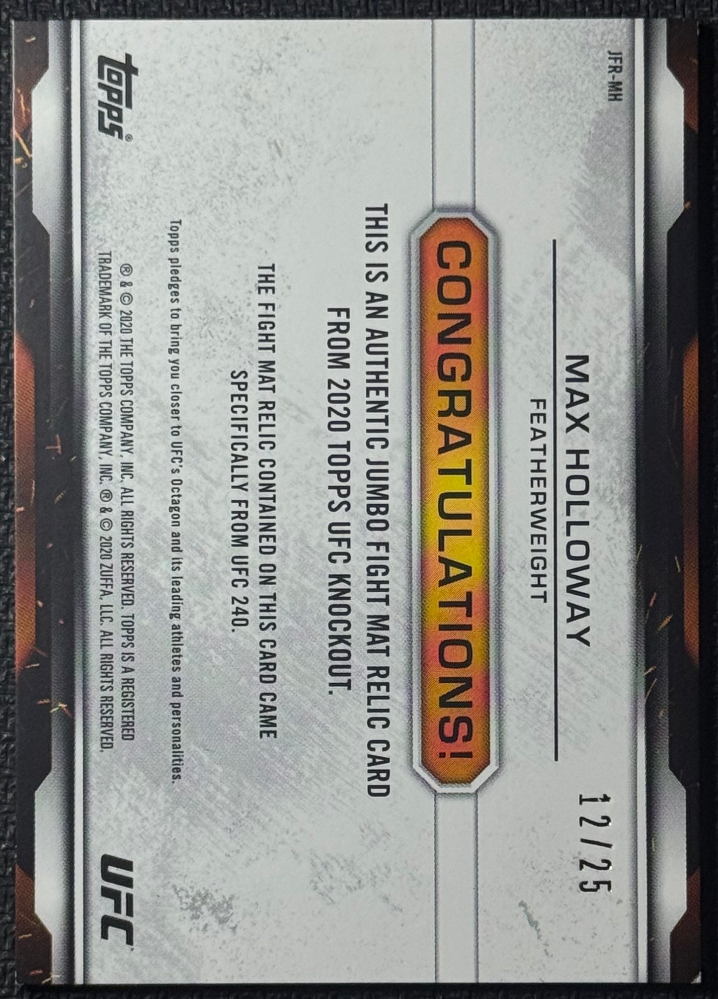2020 Topps UFC Knockout Max Holloway Jumbo Mat Relic Purple #/25 (Event Used UFC 240)