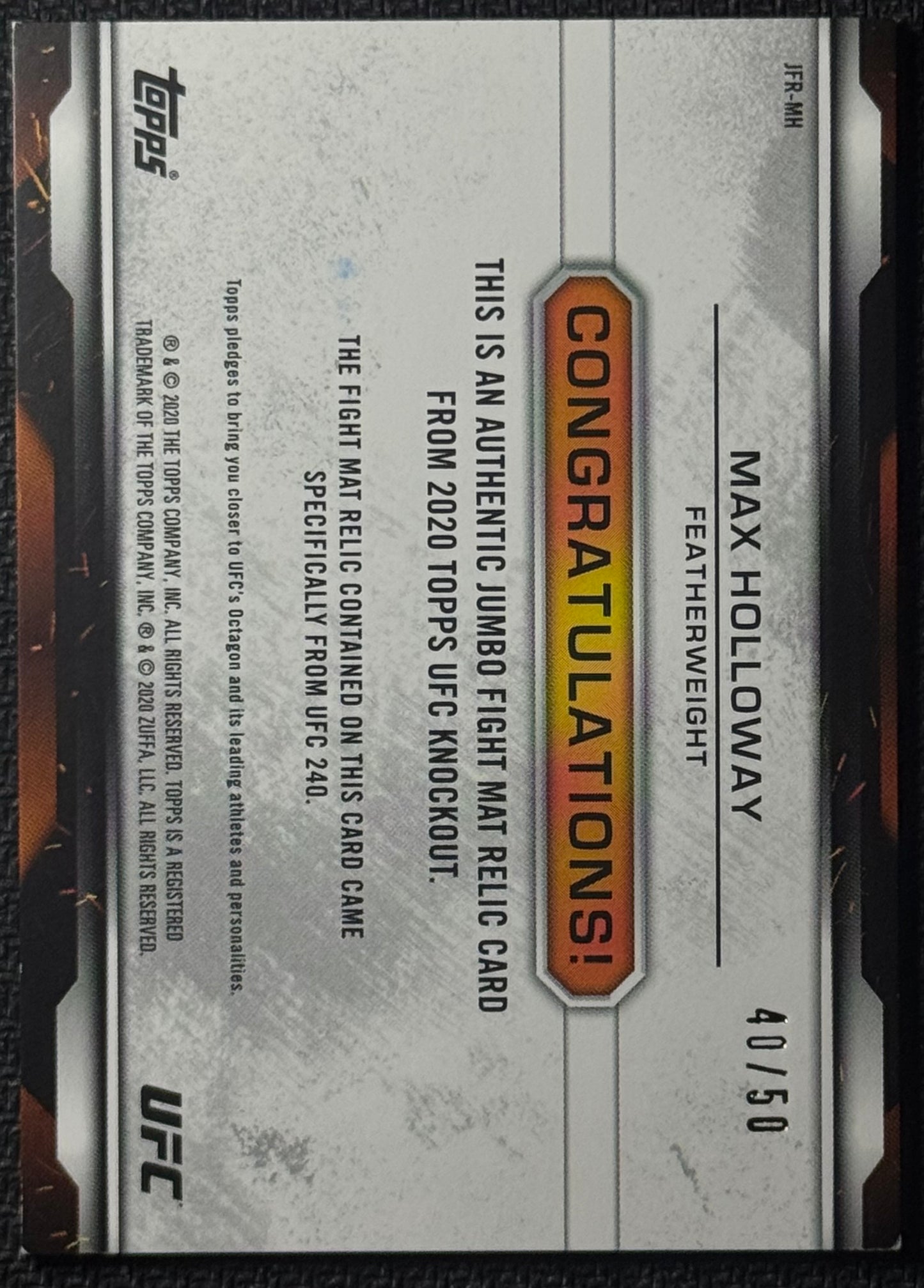 2020 Topps UFC Knockout Max Holloway Jumbo Mat Relic Blue #/50 (Event Used UFC 240)