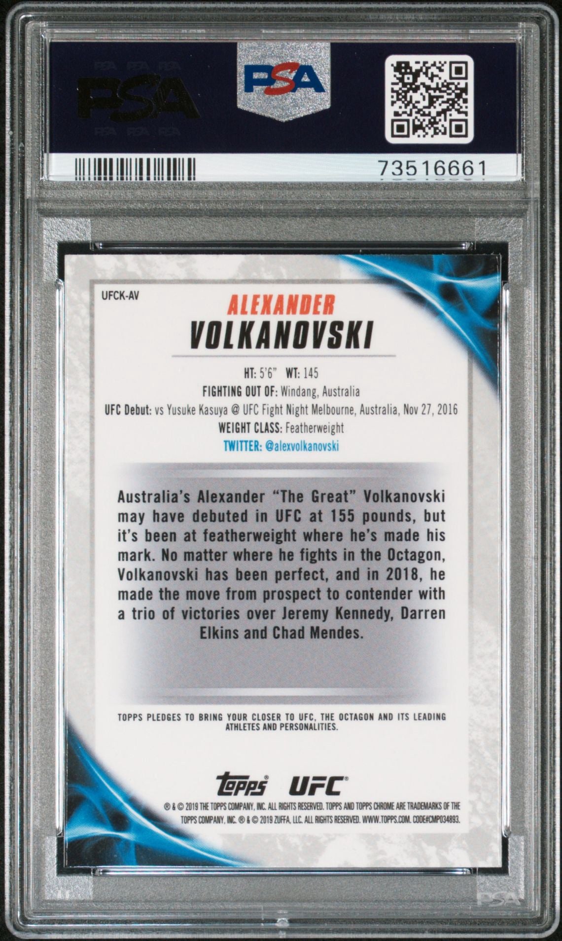 2019 Topps Chrome UFC Alexander Volkanovski Knockout Refractor Rookie PSA 9