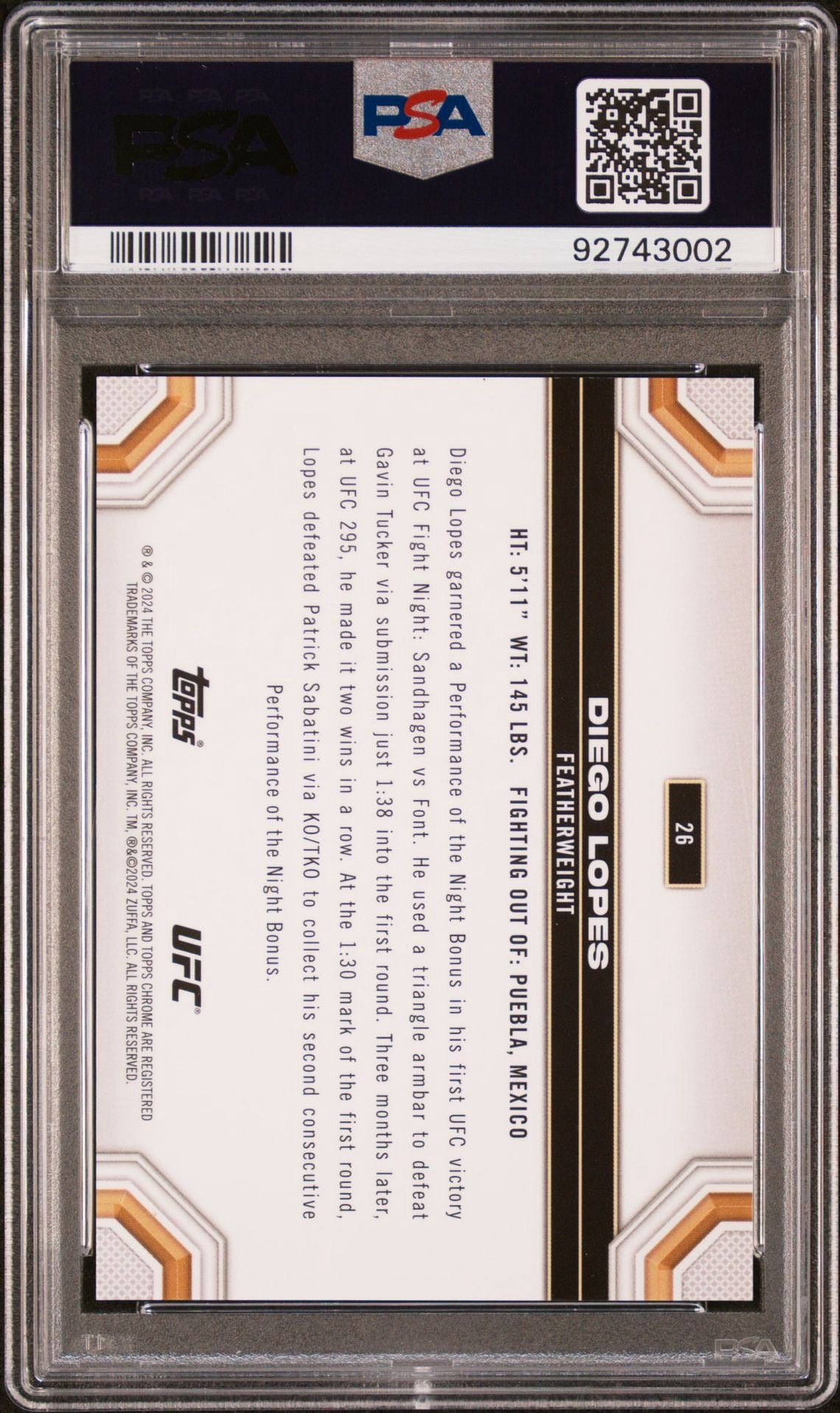 2024 Topps Chrome UFC Diego Lopes Black Refractor #/10 PSA 9