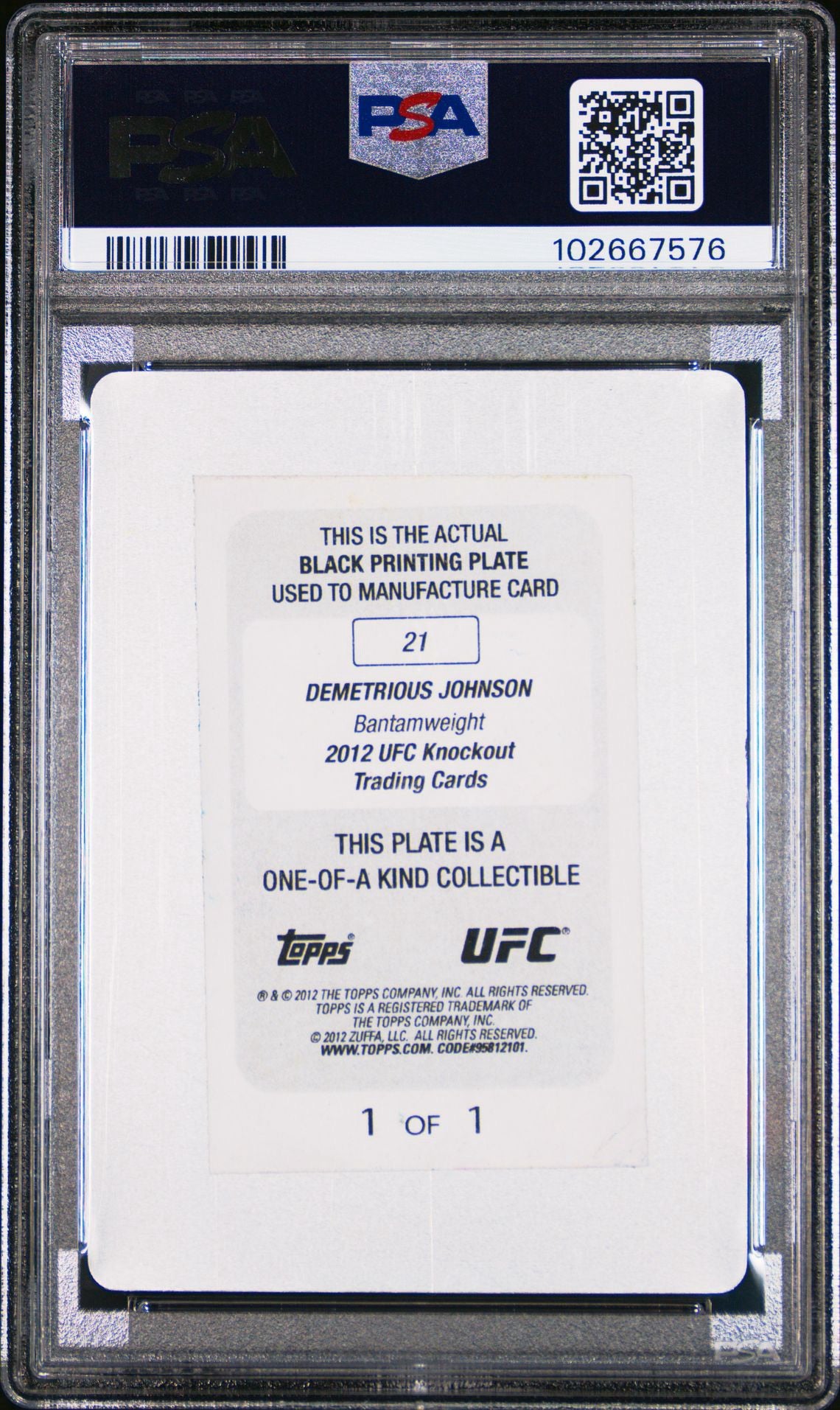2012 Topps UFC Knockout Demetrious Johnson Black Printing Plate 1/1 PSA Authentic