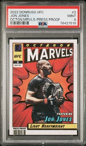 2022 Donruss UFC Jon Jones Octagon Marvels Press Proof Purple #/99 PSA 9