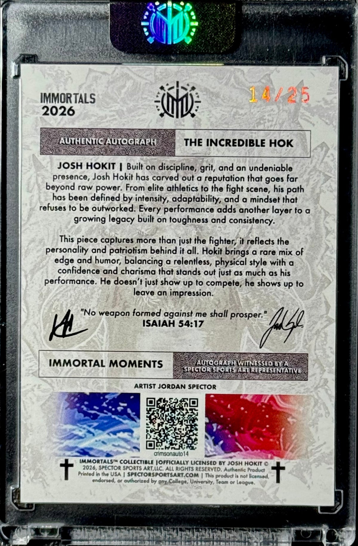 2026 Immortals Immortal Moments Josh Hokit Rookie Auto “Incredible Hok” Red #/25