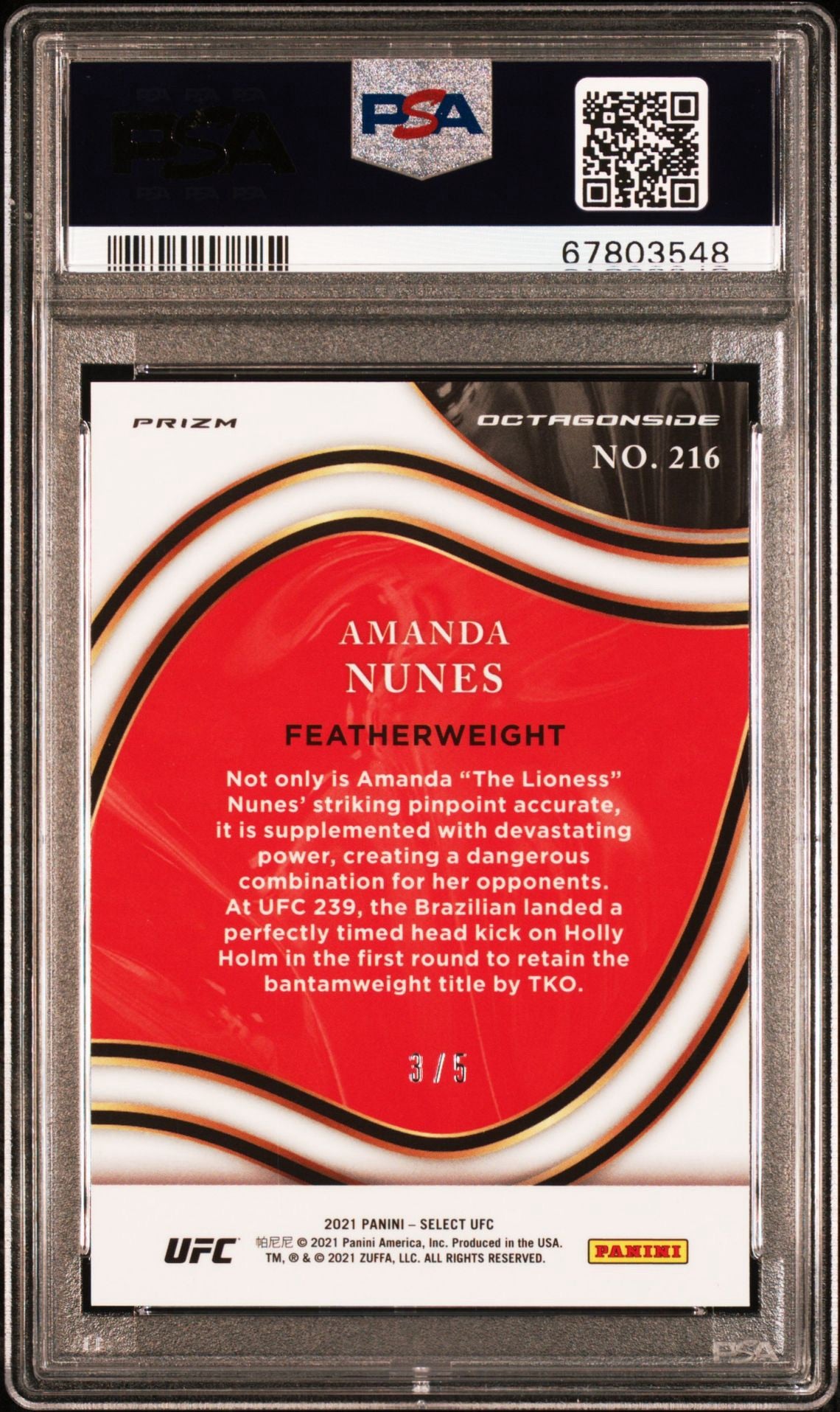 2021 Select UFC Amanda Nunes Green Octagonside #/5 PSA 10