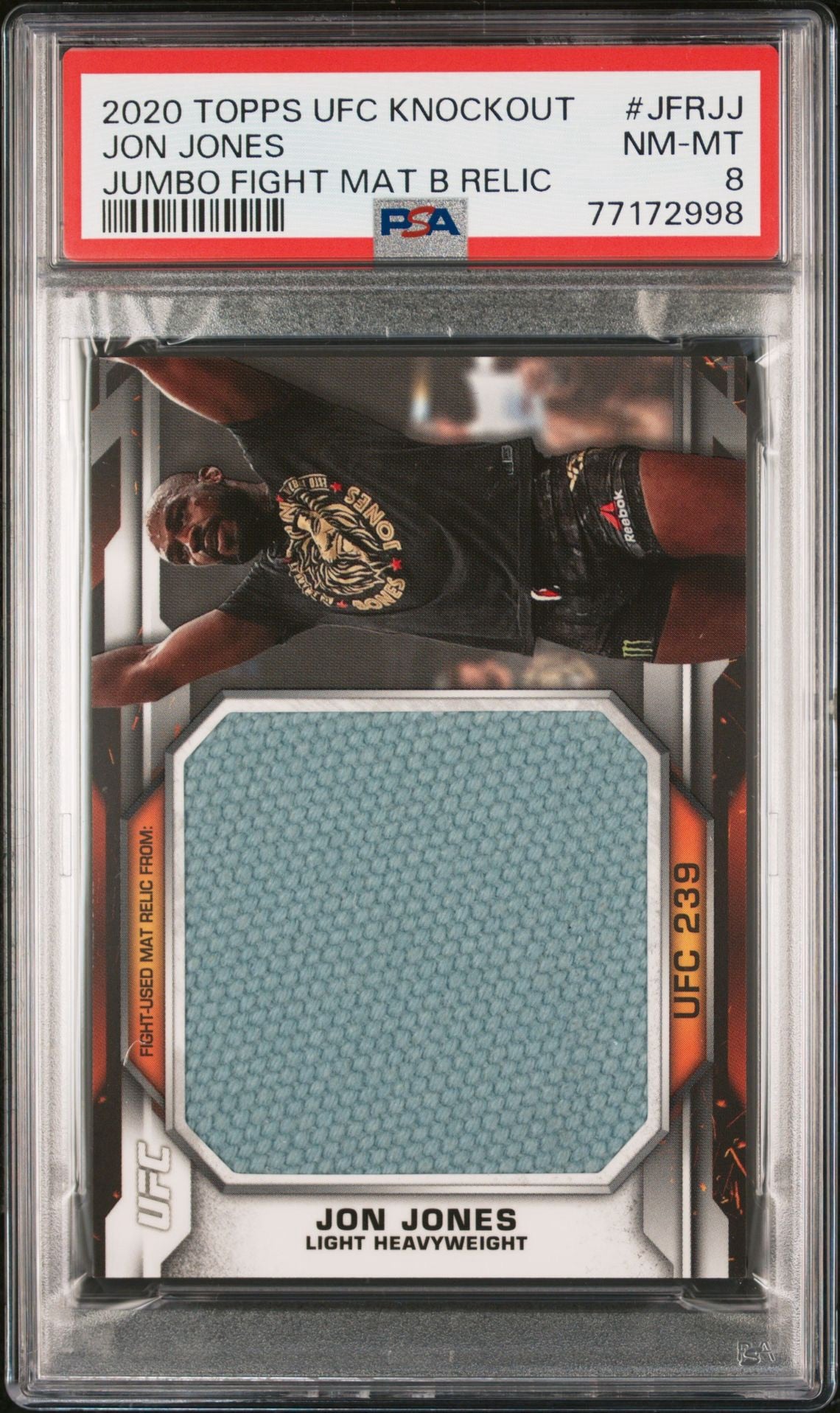 2020 Topps UFC Knockout Jon Jones Jumbo Fight Mat Relic #/135 (Event Used UFC 239) PSA 8