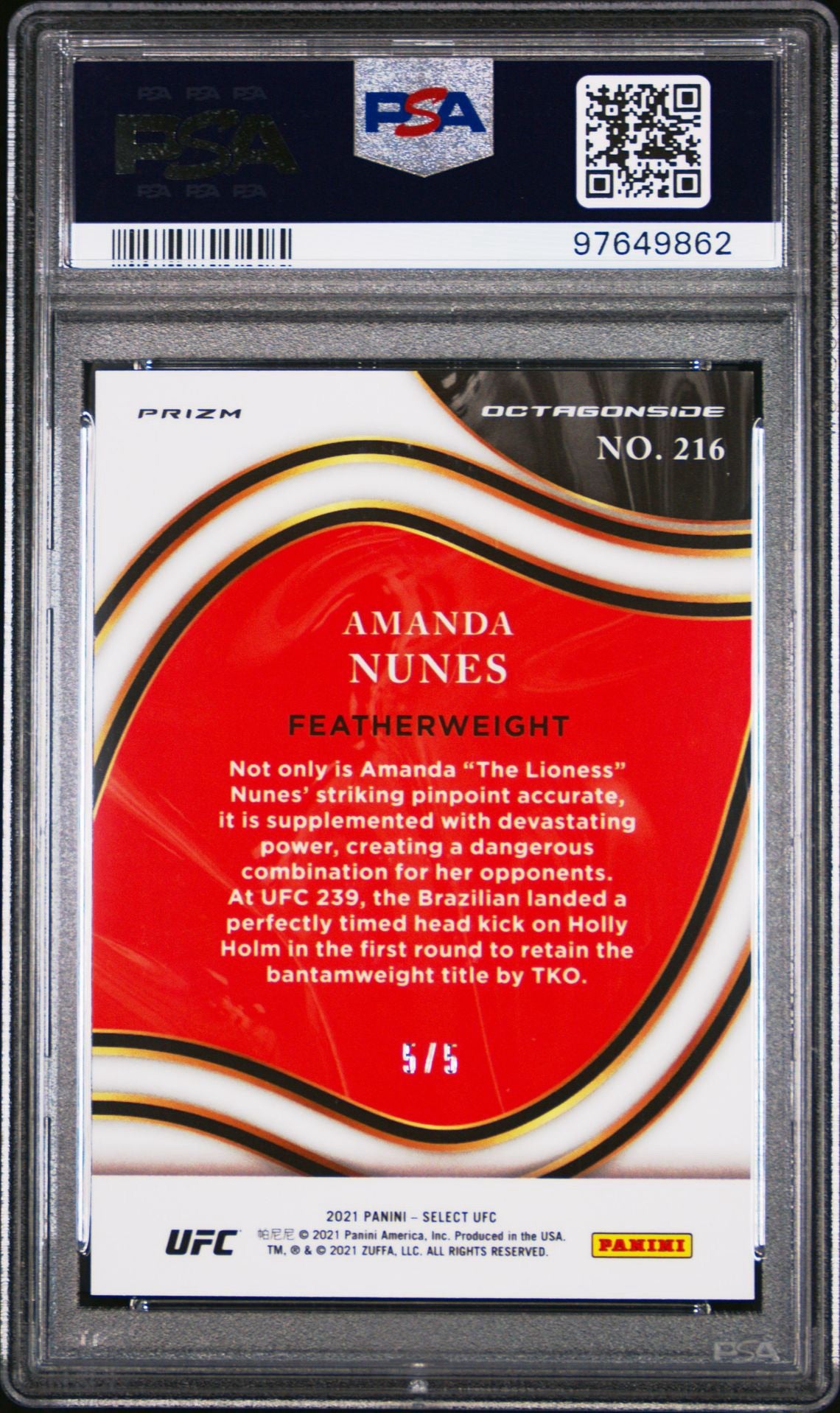 2021 Select UFC Amanda Nunes Green Disco Octagonside #/5 PSA 10