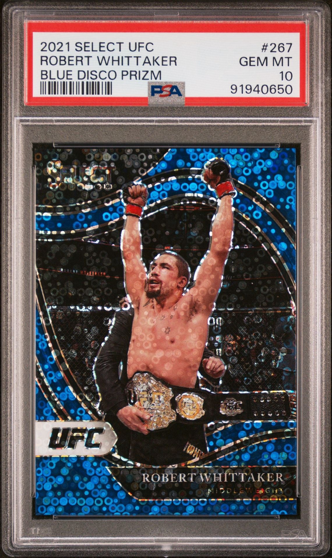 2021 Select UFC Robert Whittaker Octagonside Blue Disco #/99 PSA 10