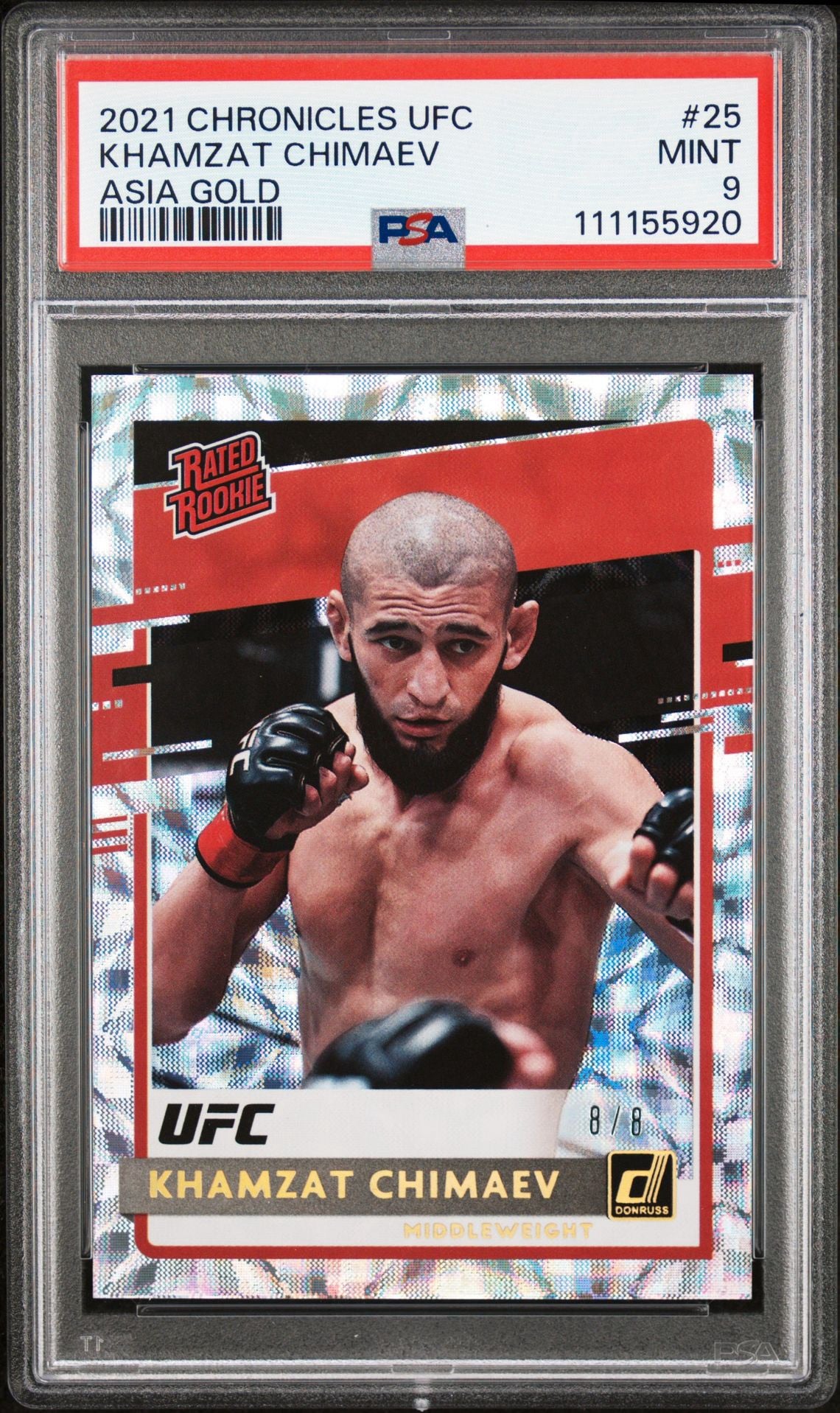 2021 Chronicles UFC Khamzat Chimaev Rated Rookie Asia Gold #/8 PSA 9