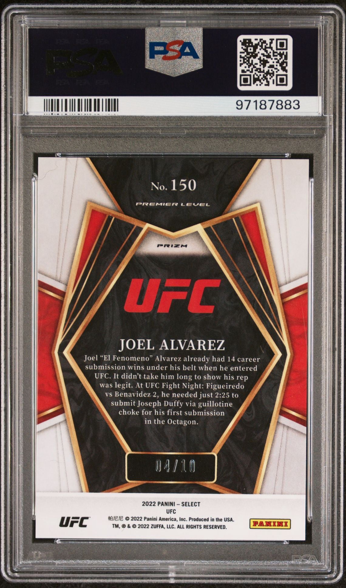 2022 Select UFC Joel Alvarez Gold Prizm Rookie #/10 PSA 10