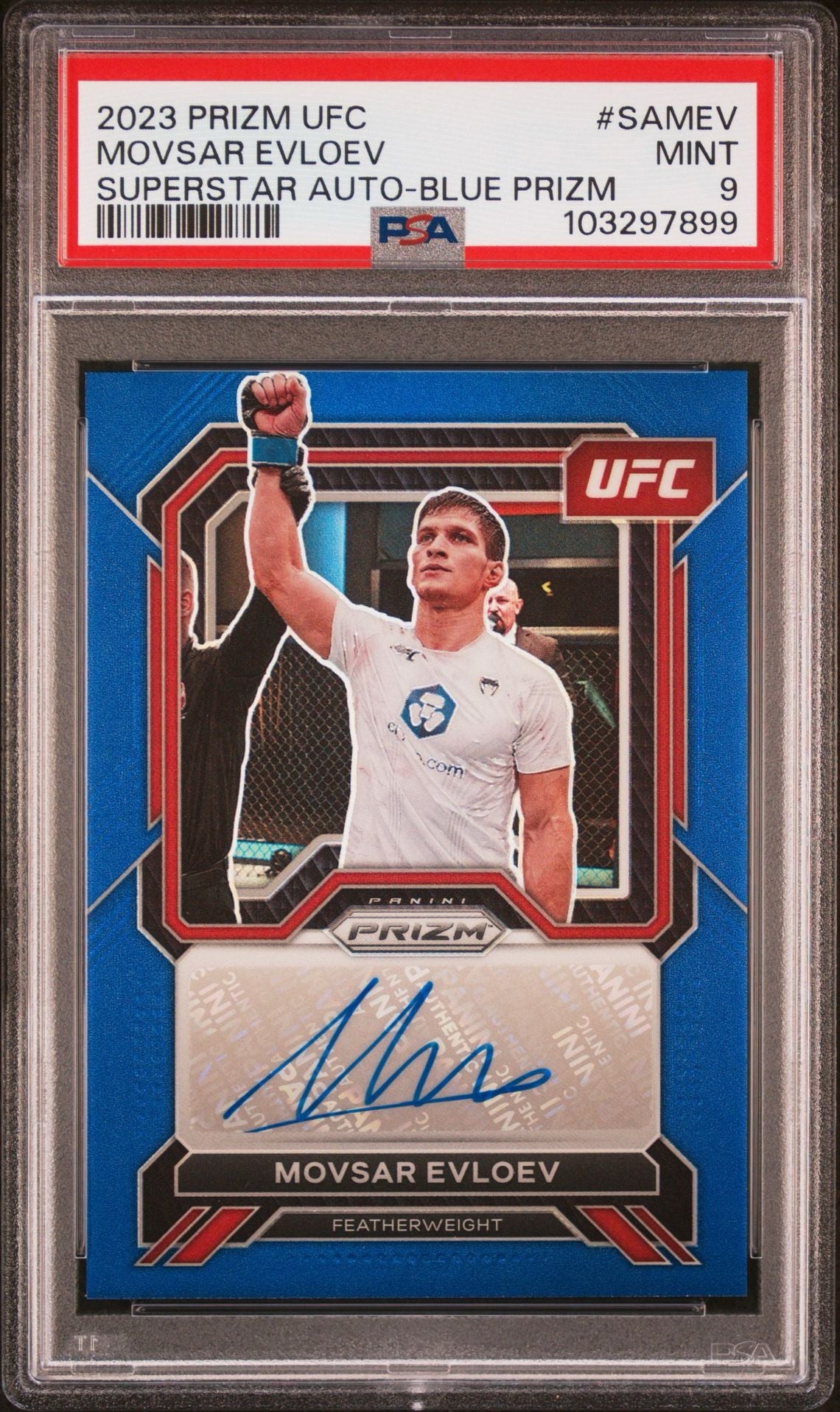 2023  Prizm UFC Movsar Evloev #SA-MEV Superstar auto Blue #/49 PSA 9