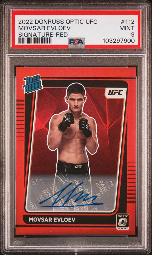 2022 Donruss Optic UFC Movsar Evloev Red Rated Rookie Auto #/99 PSA 9