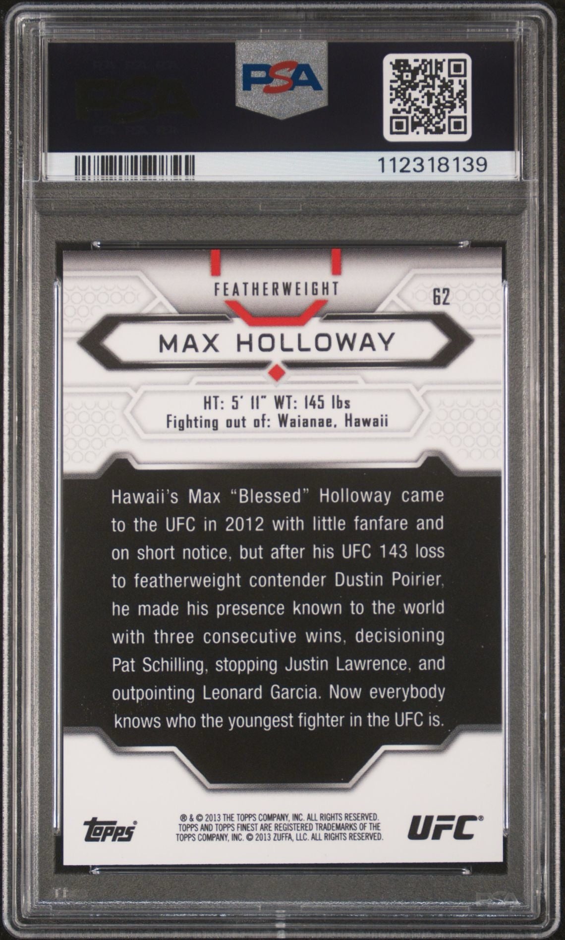 2013 Finest UFC Max Holloway Blue Diamond Refractor #/188 PSA 10