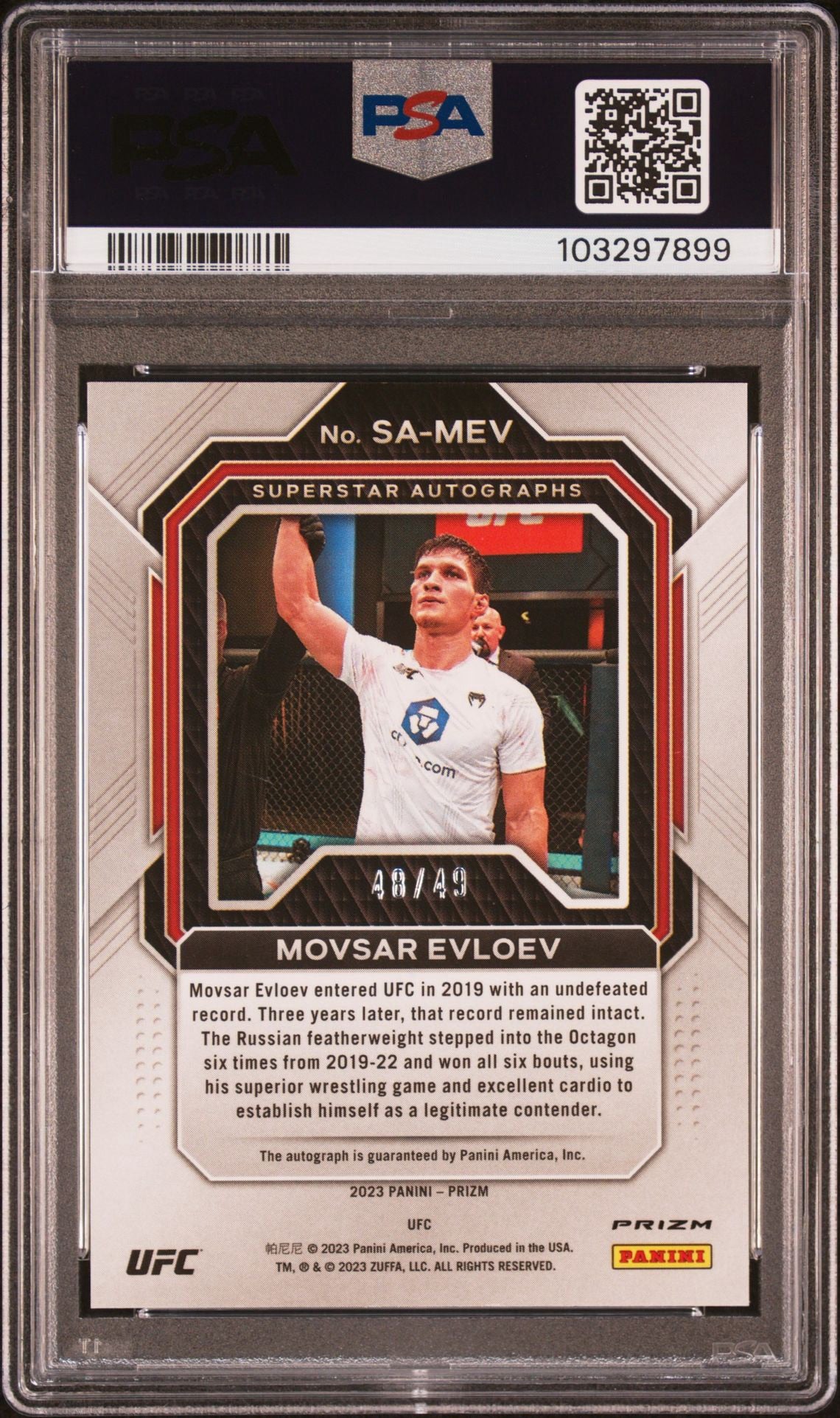 2023  Prizm UFC Movsar Evloev #SA-MEV Superstar auto Blue #/49 PSA 9