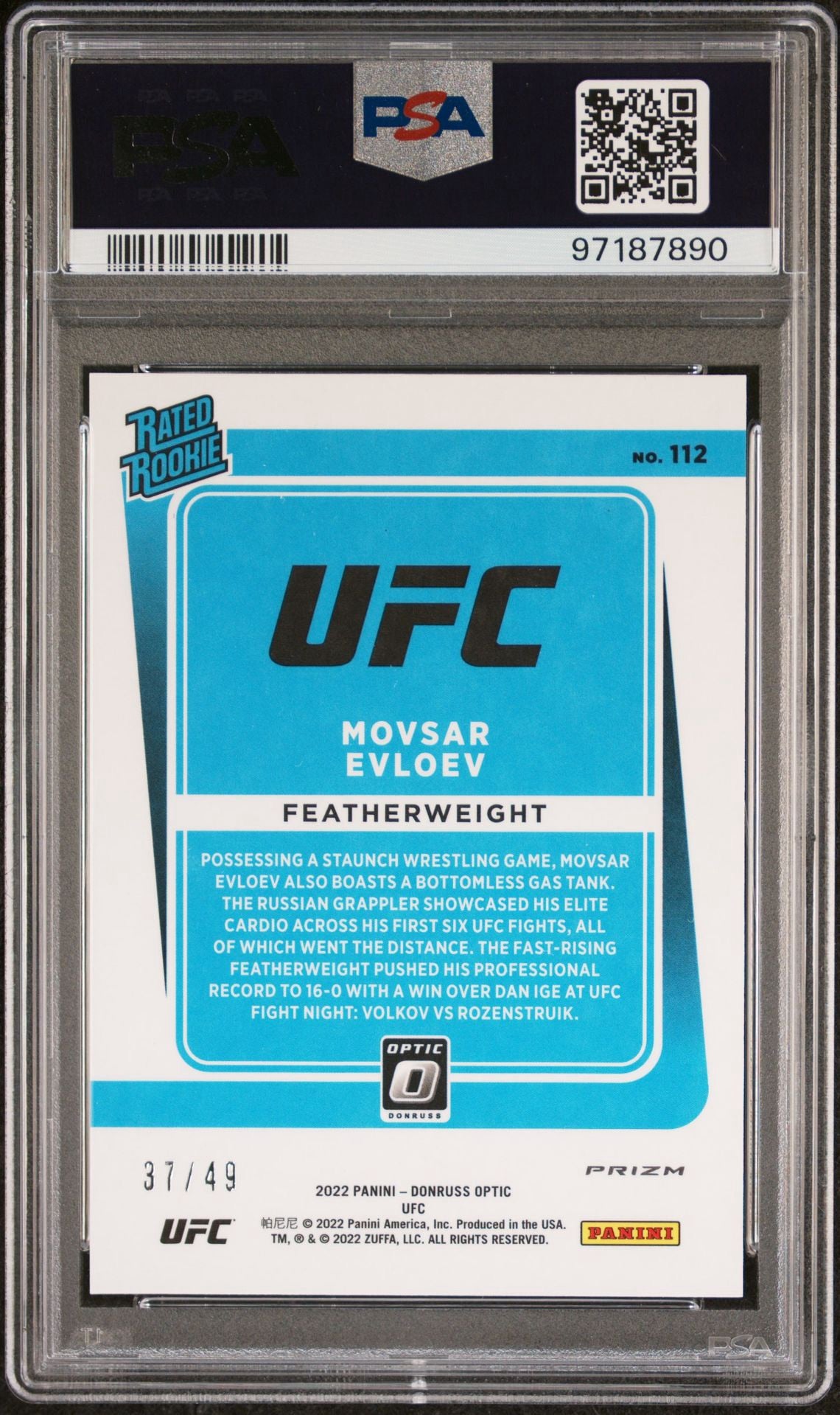 2022 Donruss Optic UFC Movsar Evloev Orange Rated Rookie #/49 PSA 9