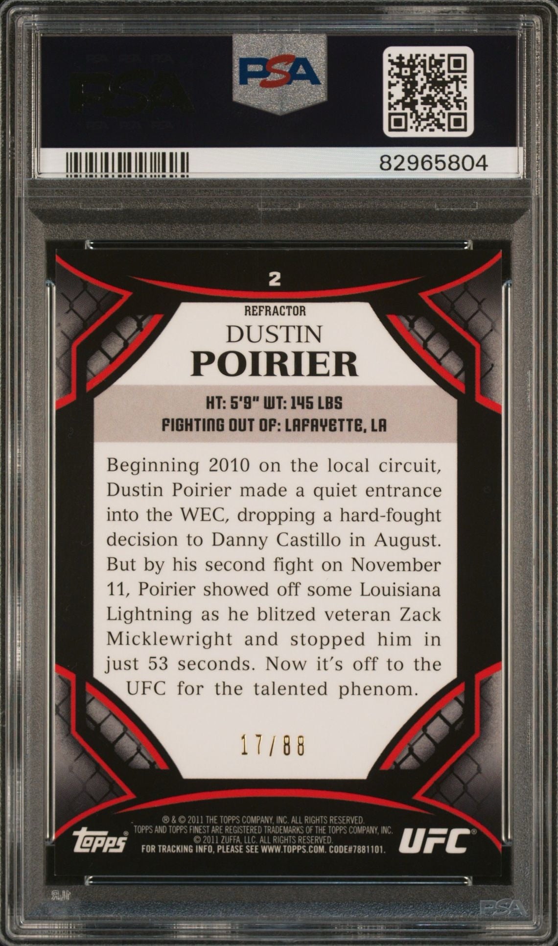 2011 Finest UFC Dustin Poirier Gold Refractor #/88 PSA 9