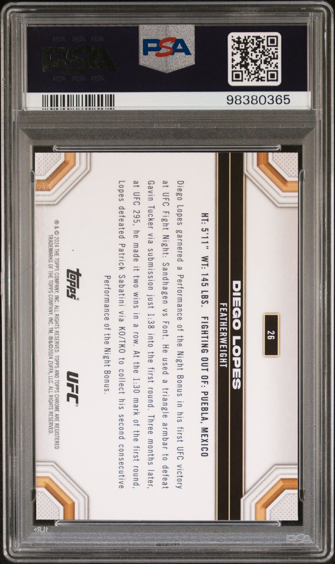 2024 Topps Chrome UFC Diego Lopes Purple Refractor PSA 10