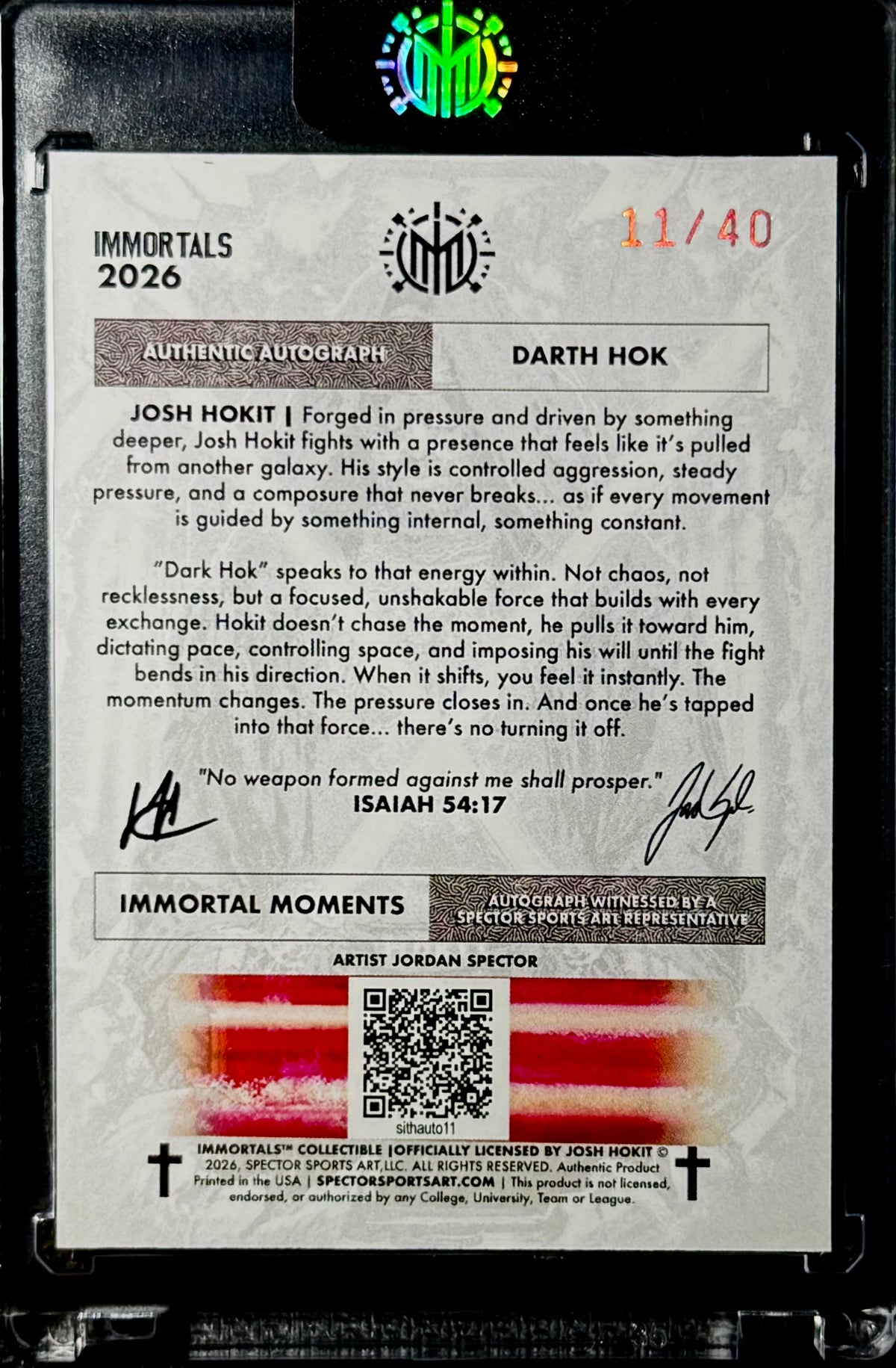 2026 Immortals Immortal Moments Josh Hokit Rookie Auto “Darth Hokit” Red Saber #/40