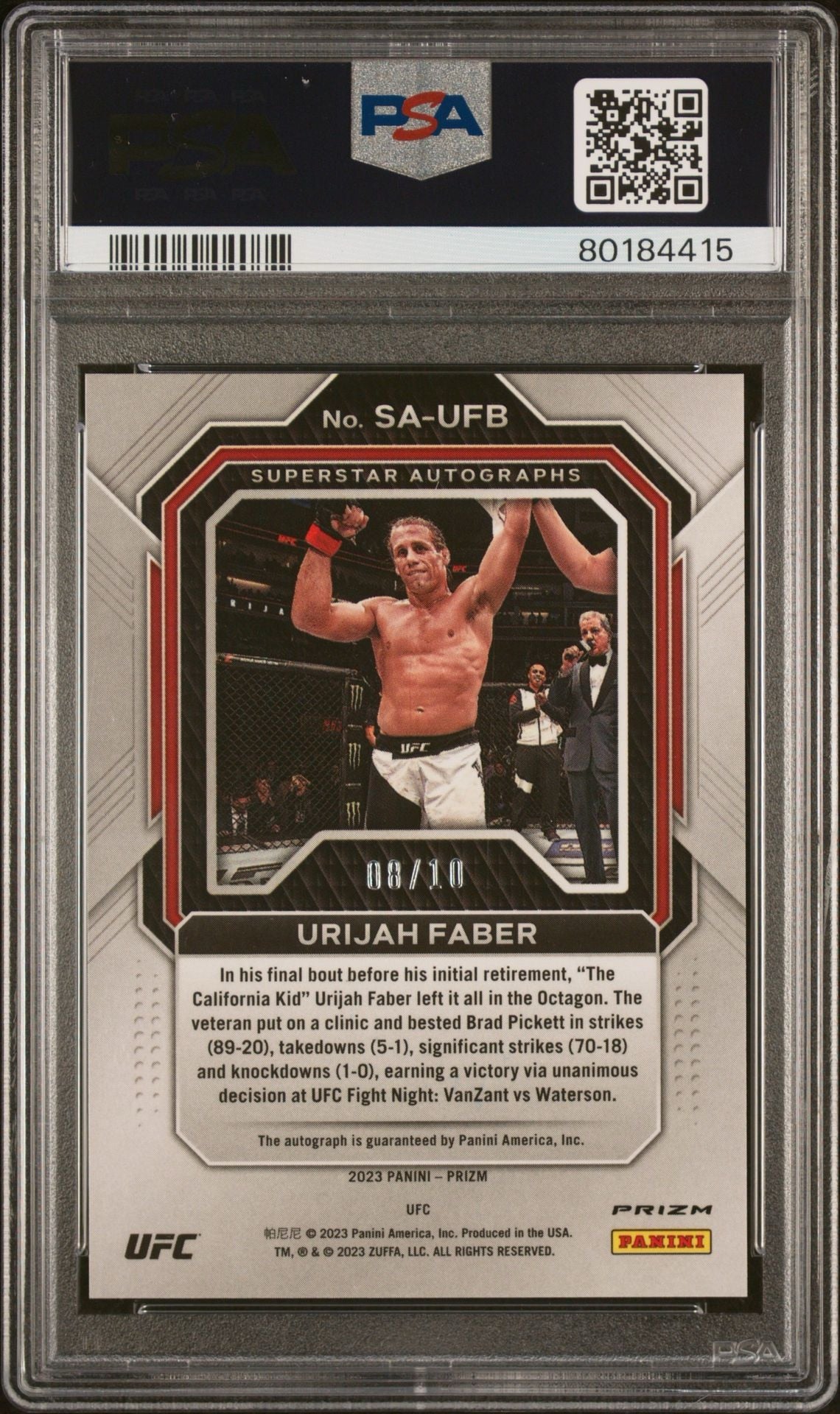 2023 Prizm UFC Urijah Faber Superstar Gold Autograph #/10 PSA 9