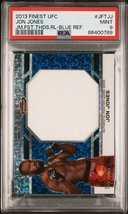 2013 Finest UFC Jon Jones Jumbo Finest Threads Relic Blue Diamond Refractor #/188 PSA 9