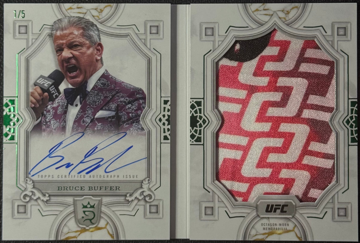 2024 Topps Royalty UFC Bruce Buffer Booklet Patch Auto Event Worn Suit Patch UFC 300 Green #/5
