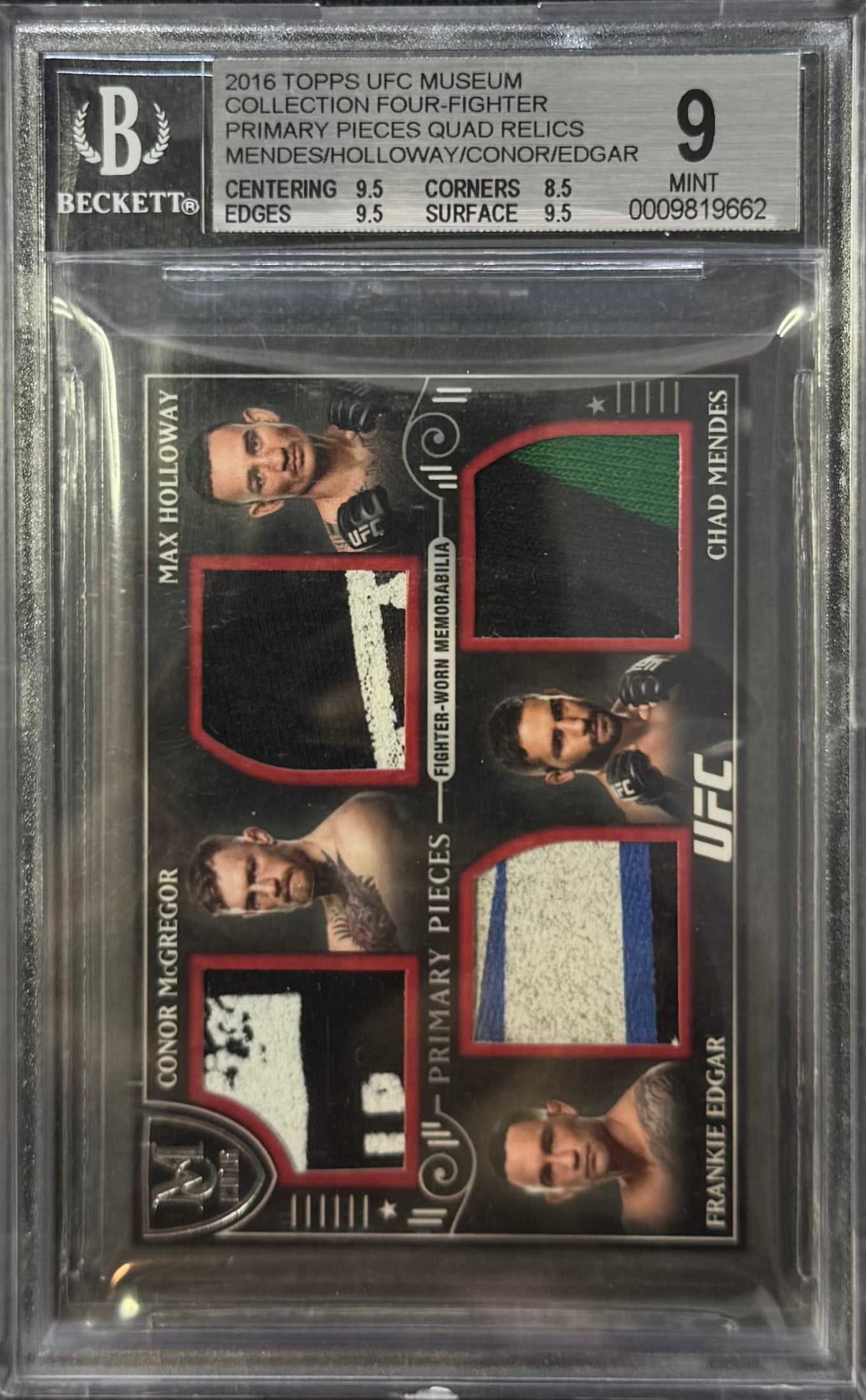2016 Topps UFC Museum Collection Four-Fighter Primary Pieces Quad Relics #/50 Chad Mendes/Max Holloway/Conor McGregor/Frankie Edgar BGS 9
