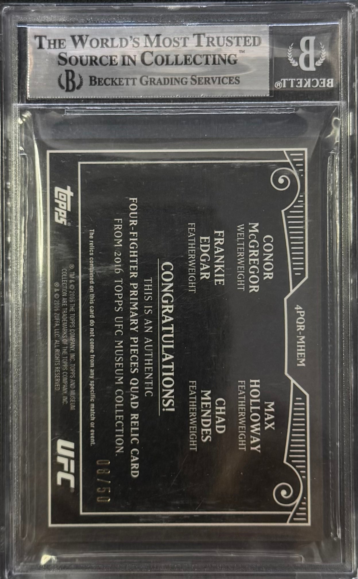 2016 Topps UFC Museum Collection Four-Fighter Primary Pieces Quad Relics #/50 Chad Mendes/Max Holloway/Conor McGregor/Frankie Edgar BGS 9