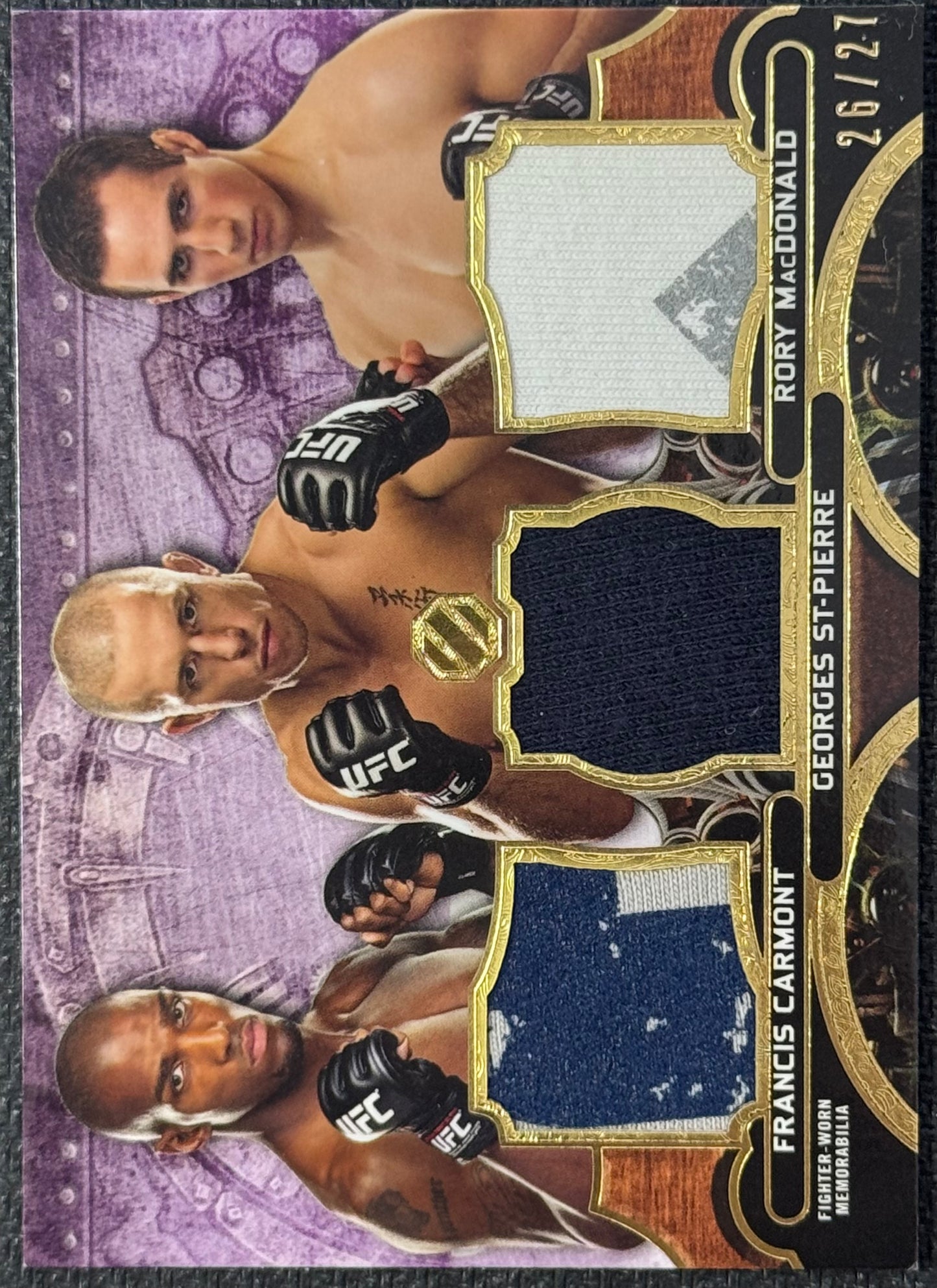 2014 Topps Knockout UFC Triple Threads Francis Carmont/ Georges St-Pierre/ Rory MacDonald #/27