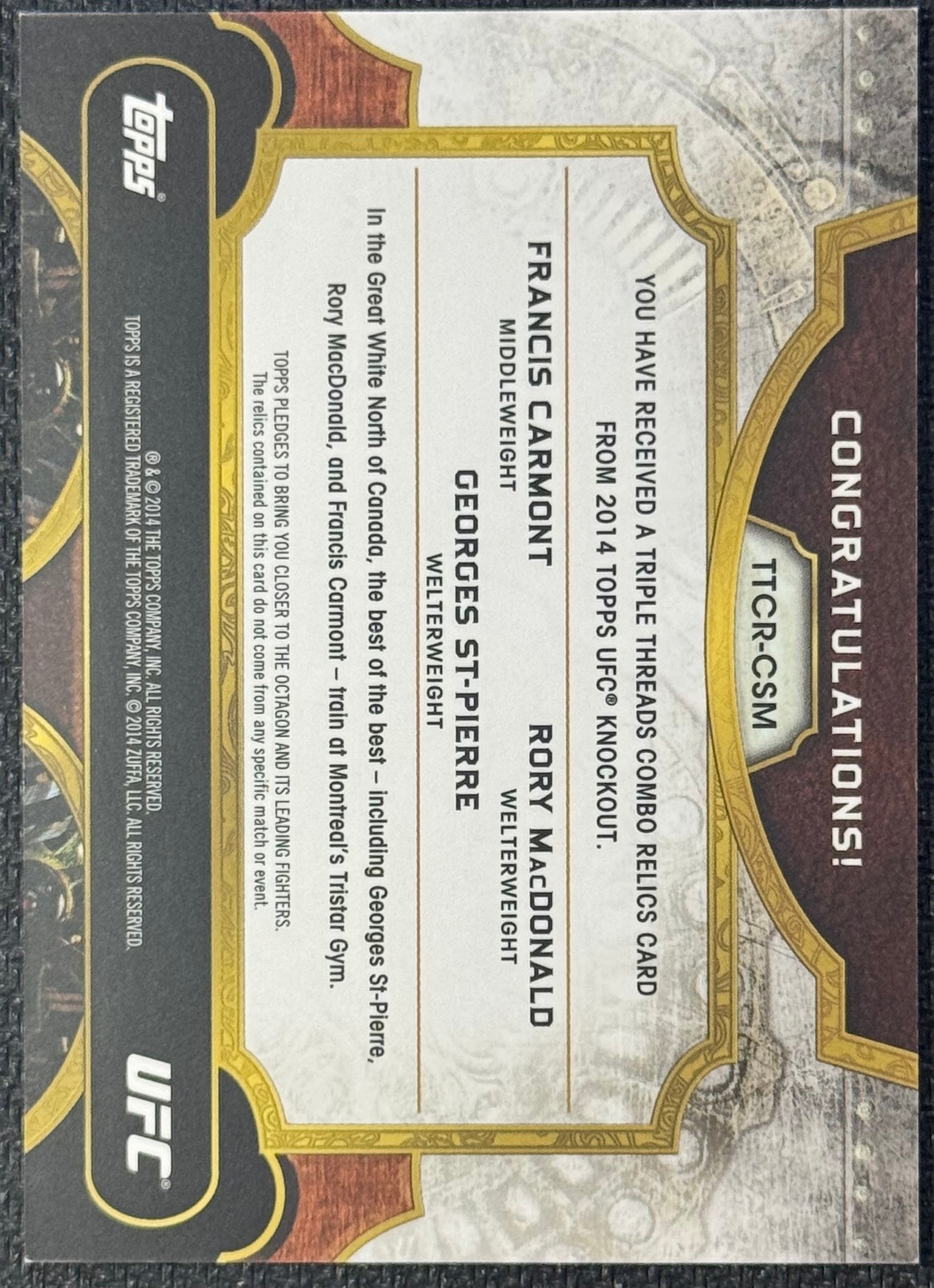 2014 Topps Knockout UFC Triple Threads Francis Carmont/ Georges St-Pierre/ Rory MacDonald #/27